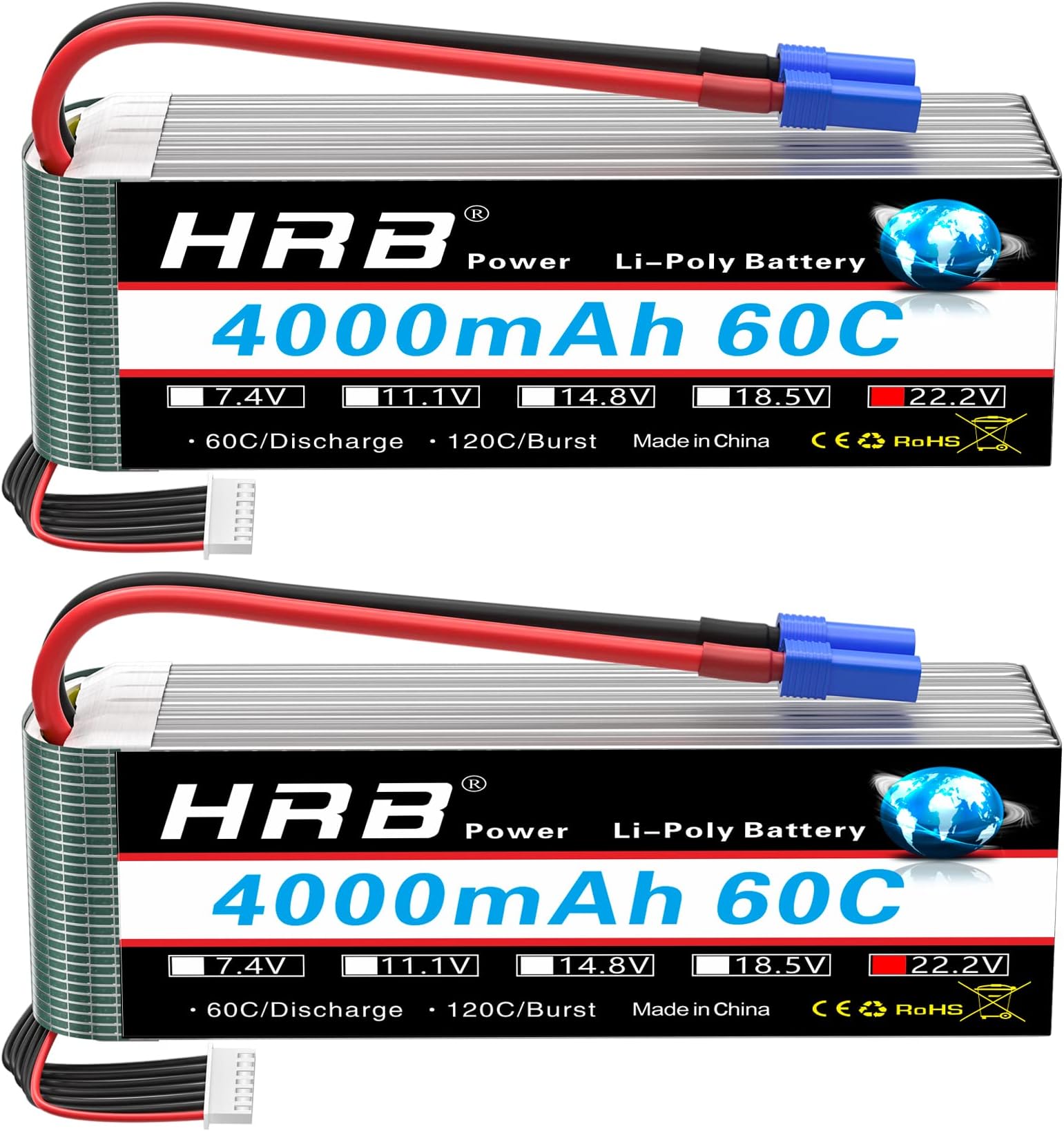 HRB 2pcs 6S Lipo Battery EC5 22.2V 4000mAh 60C RC Lipo Battery Compatible with RC Quadcopter Helicopter Car Truck Boat Hobby