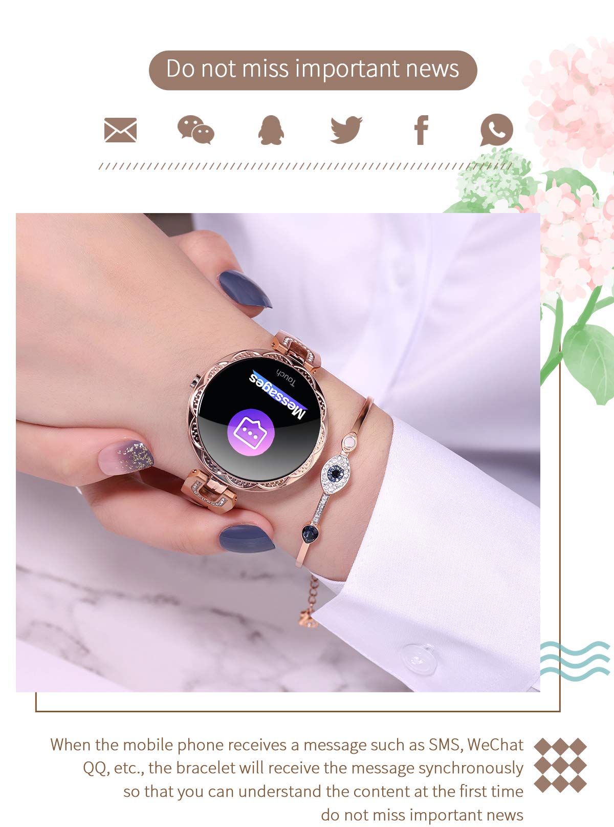 LONGLU Smartwatch dla kobiet, smartwatch kompatybilny z telefonami z systemem iOS Android, iPhone, Samsung, Fitness Tracker z tętnem, ciśnieniem krwi, wodoodporny, Bluetooth, krokomierz, śledzenie