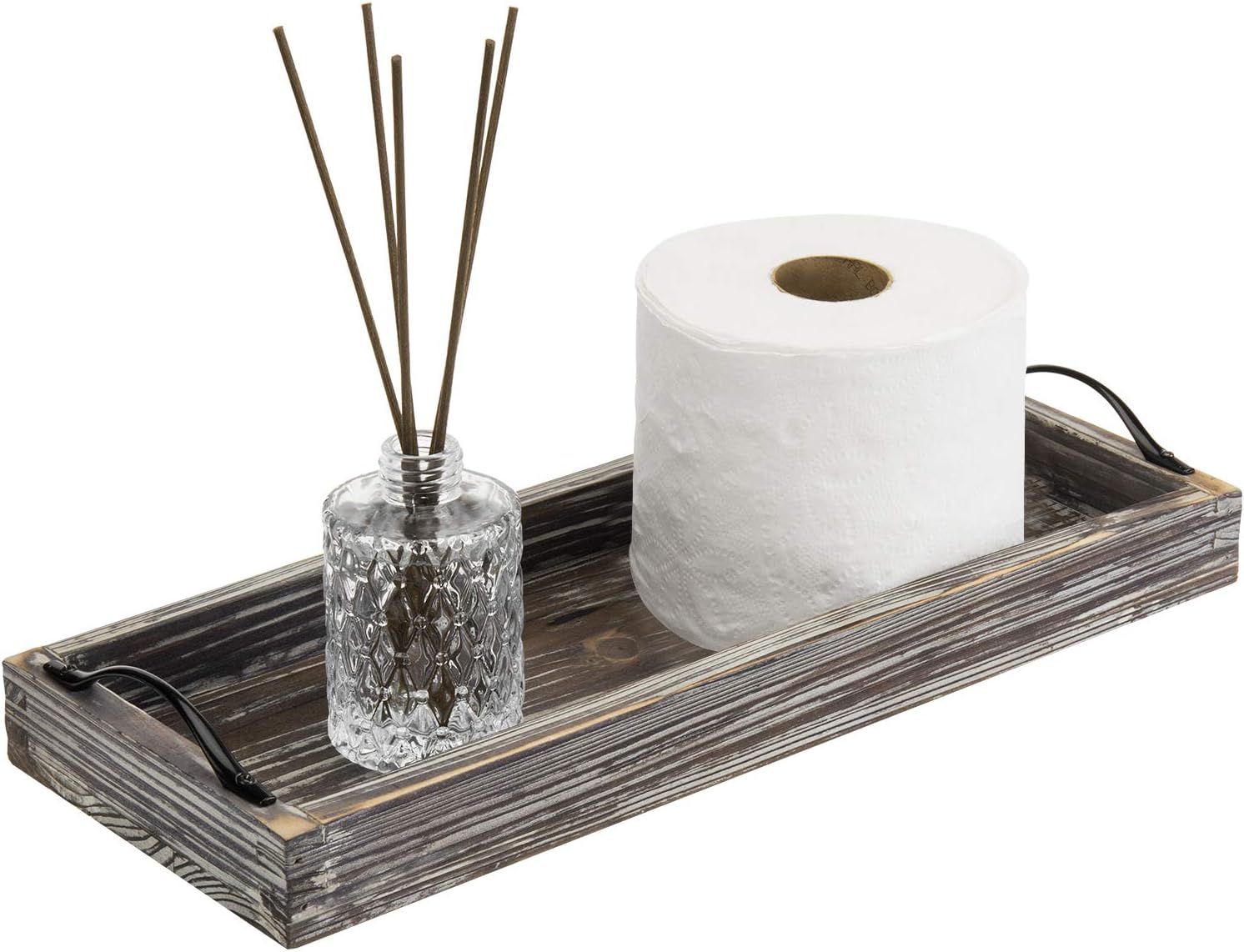 MyGift 16 Inch Rustic Torched Wood Toilet Tank Tray Organizer Storage Countertop Jewelry and Vanity Tray with Black Metal Handles