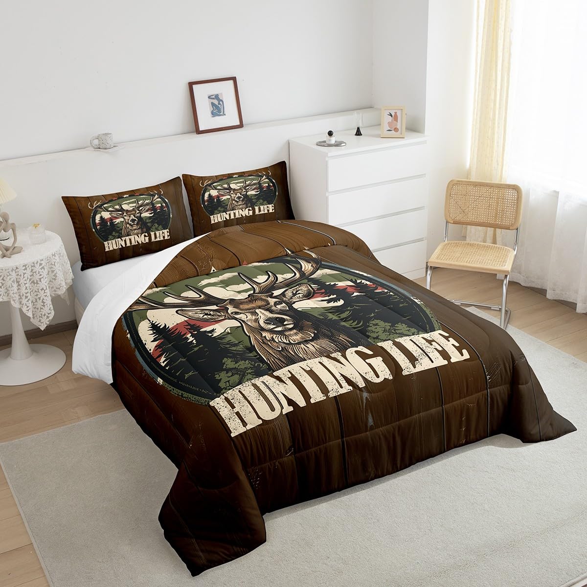 Manfei Deer Antler Bedding Set Queen - Vintage Hunting Theme Comforter & Pillowcases For Kids & Adults