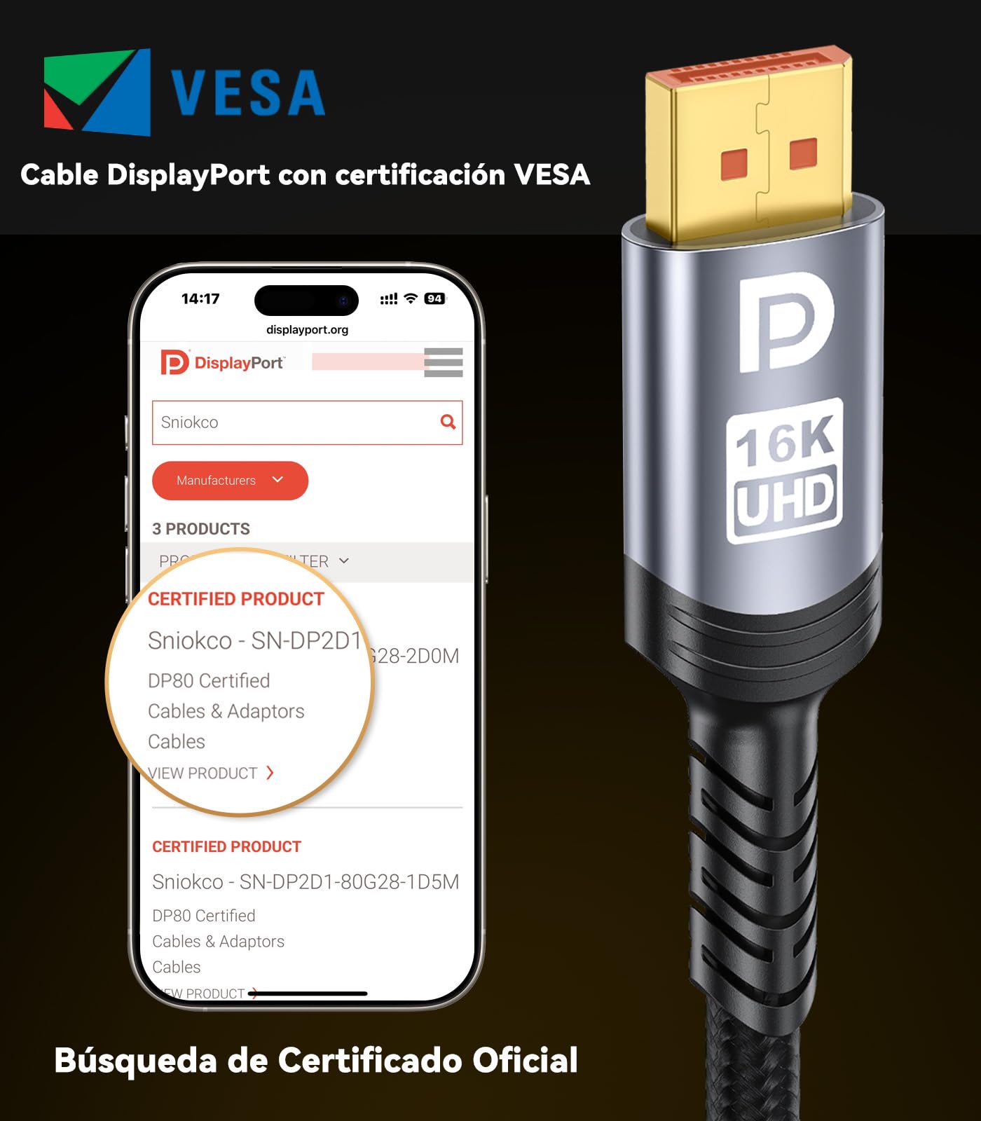 Sniokco 80Gbps Cable DisplayPort 2.1 1.5M, VESA Certificado 16K DP Cable 16K@60Hz 8K@240Hz 4K@540Hz 360Hz 240Hz Compatible con Monitor HDR HDCP 2.3 DSC FreeSync G-Sync Gráficos RTX 5090 4090 PC HDTV