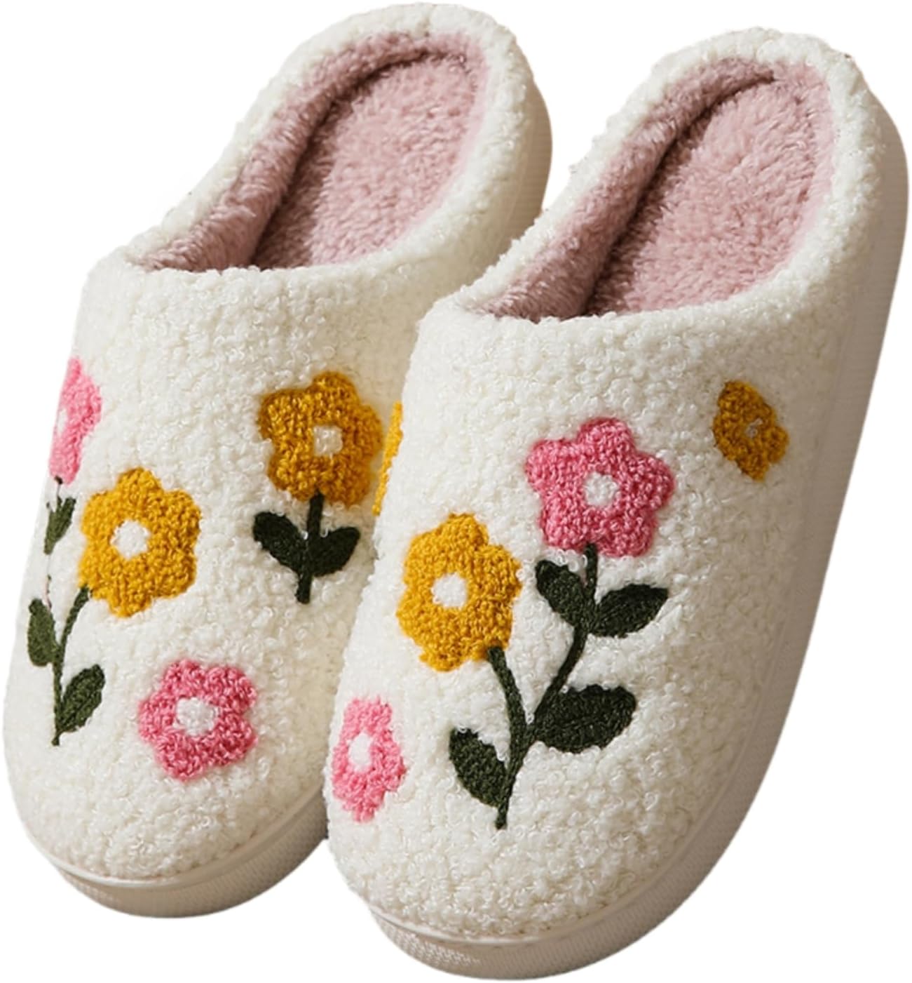 Fuzzy Flower Slippers for Women and Men Memory Foam Non Slip House Shoes