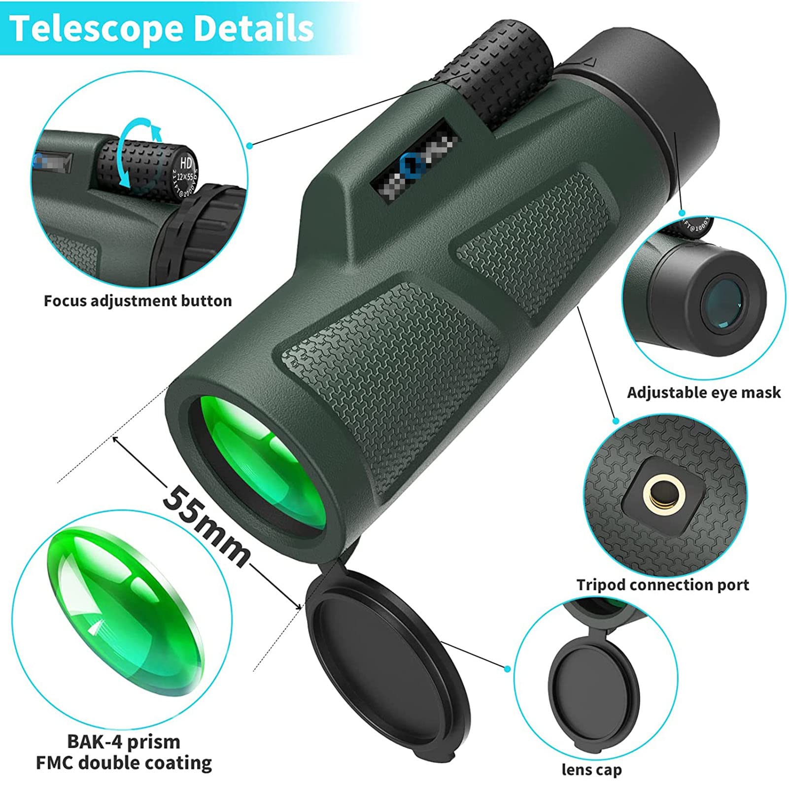 ToopMount Monoculare 13x50 Fisso – Prisma BAK4 FMC, Impermeabile IP66, Antiappannamento, Per Birdwatching, Escursionismo E Campeggio