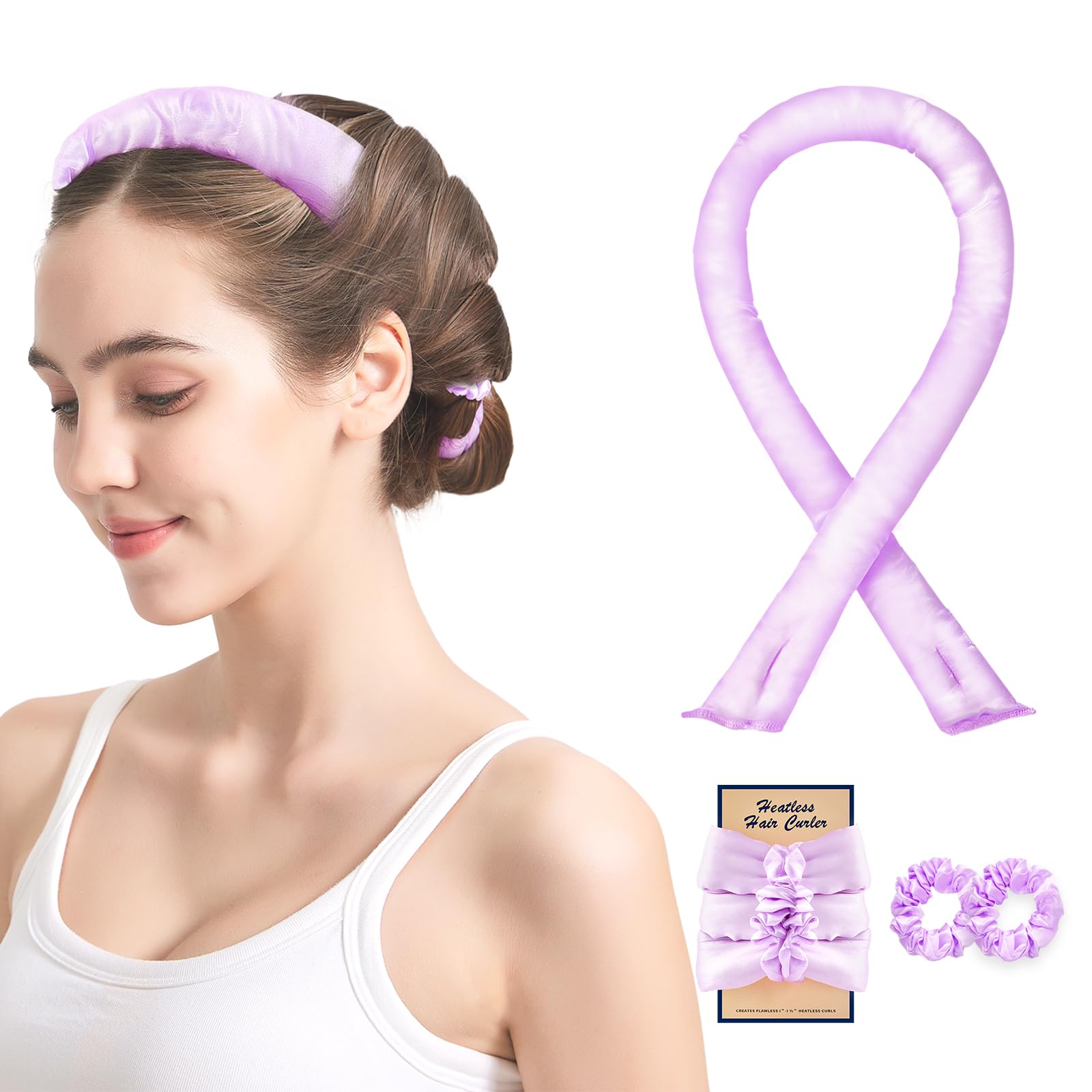 Olaemuo Satin Heatless Hair Curler Set - Overnight Heatless Curls to Sleep in - Heatless Curlers - Heatless Curls Headband - No Heat Soft Hair Curlers to Sleep in - Heatless Curling Rod - Purple