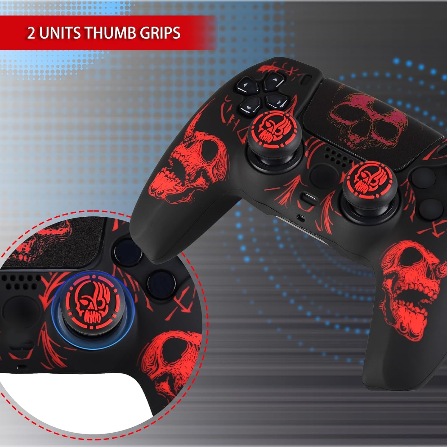 YoRHa Sculpture au Laser Silicone Peau Coques Skin pour Manette PS5 Dualsense x 1 (Rouge) avec Pro Thumb Grips Prises de Pouce x 8