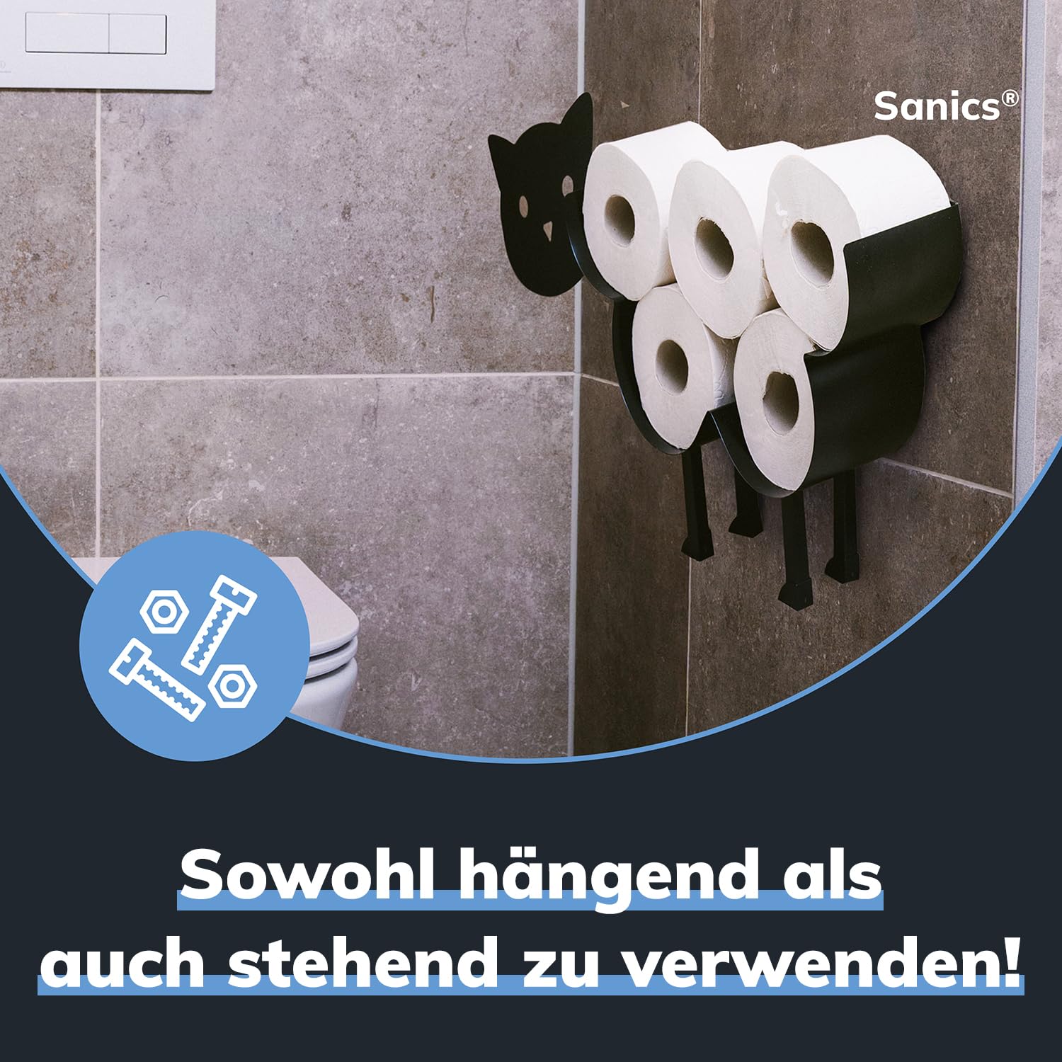 Ersatzrollenhalter Freistehend - WC Papierhalter Hängend - Wandhalterung - Katze - Toilettenpapierhalter Tiere - Schwarz