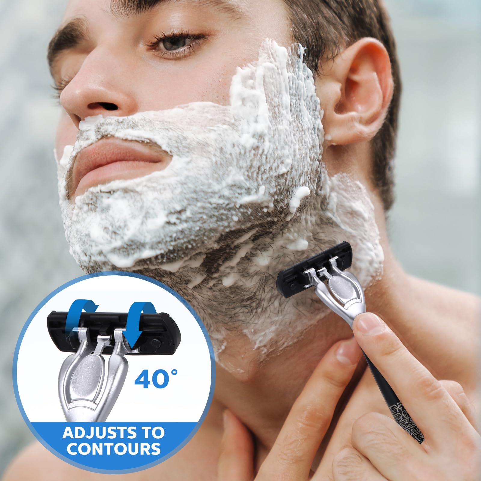 Juego de 40 maquinillas de afeitar desechables para hombre, recargables, de 6 cuchillas, para piel sensible, kit de maquinilla de afeitar recargable, para un afeitado cómodo, 2 asas y 38