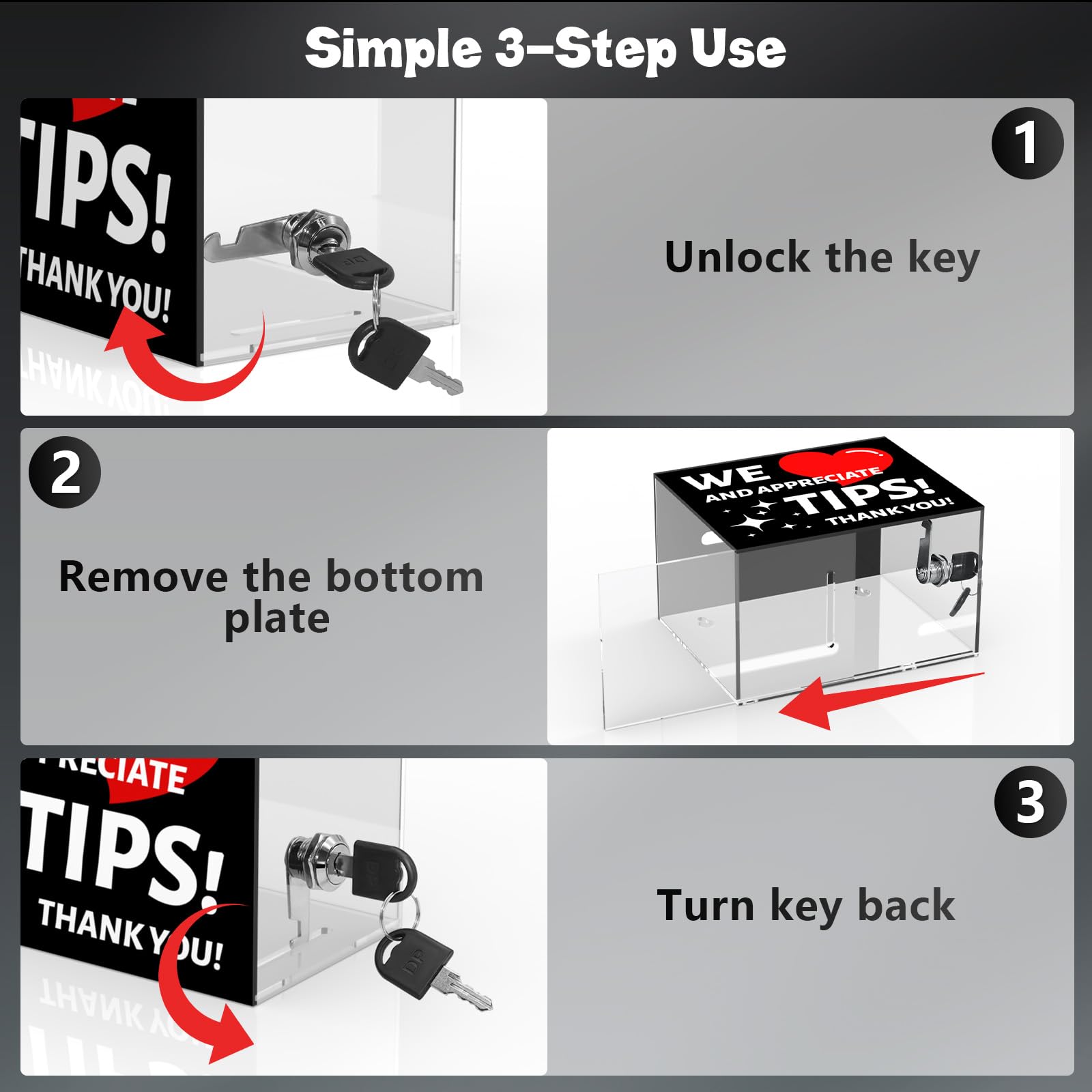 Barattolo con punta acrilica per barista Tip Box Tip Jars Scatola di suggerimenti con slot e serratura Scatola di donazione con serratura 15,2 x 10,2 x 12,7 cm Scatola per lotteria per bar ristorante