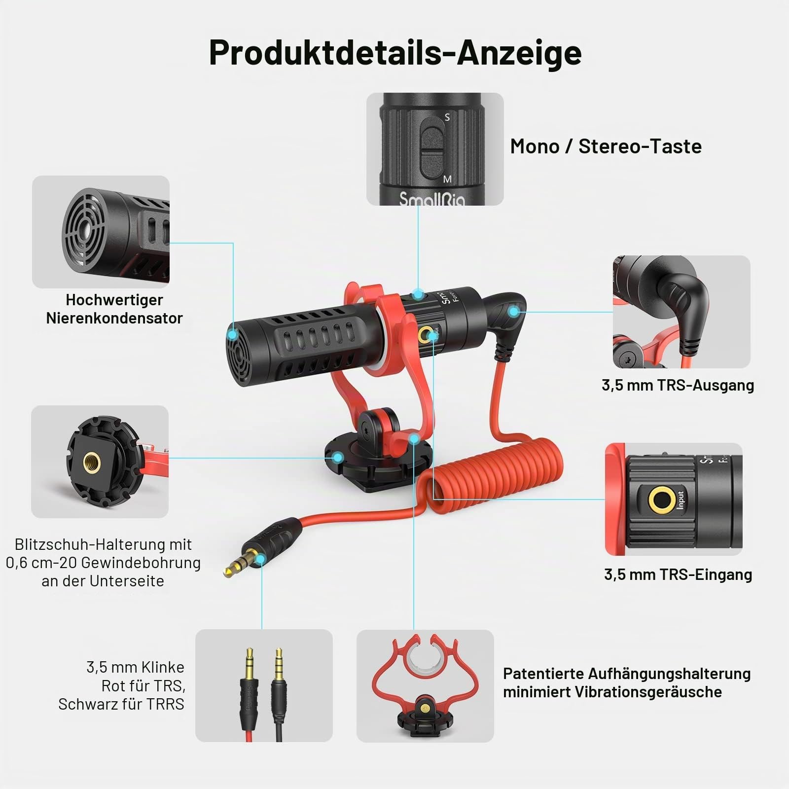 SMALLRIG Videomikrofon, Dual Input Videomic, mit Stoßdämpfung Shock Mount, 3.5mm TRS/TRRS Richtmikrofon mit Windschutz für DSLR Kameras und Smartphone Forevala S20-3468