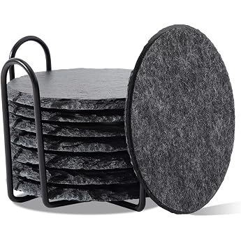 Slate Coasters with Holder for Glasses, Set of 8, 10 cm Round Felt Coasters in Dark Grey, Glass Coasters, Table Coasters & Dr