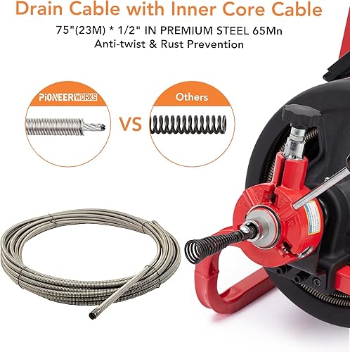 Miniatura 3 de PIONEERWORKS Máquina limpiadora de drenaje de 75 pies x 12 pulgadas, taladro de drenaje eléctrico profesional de alimentación automática para tubos