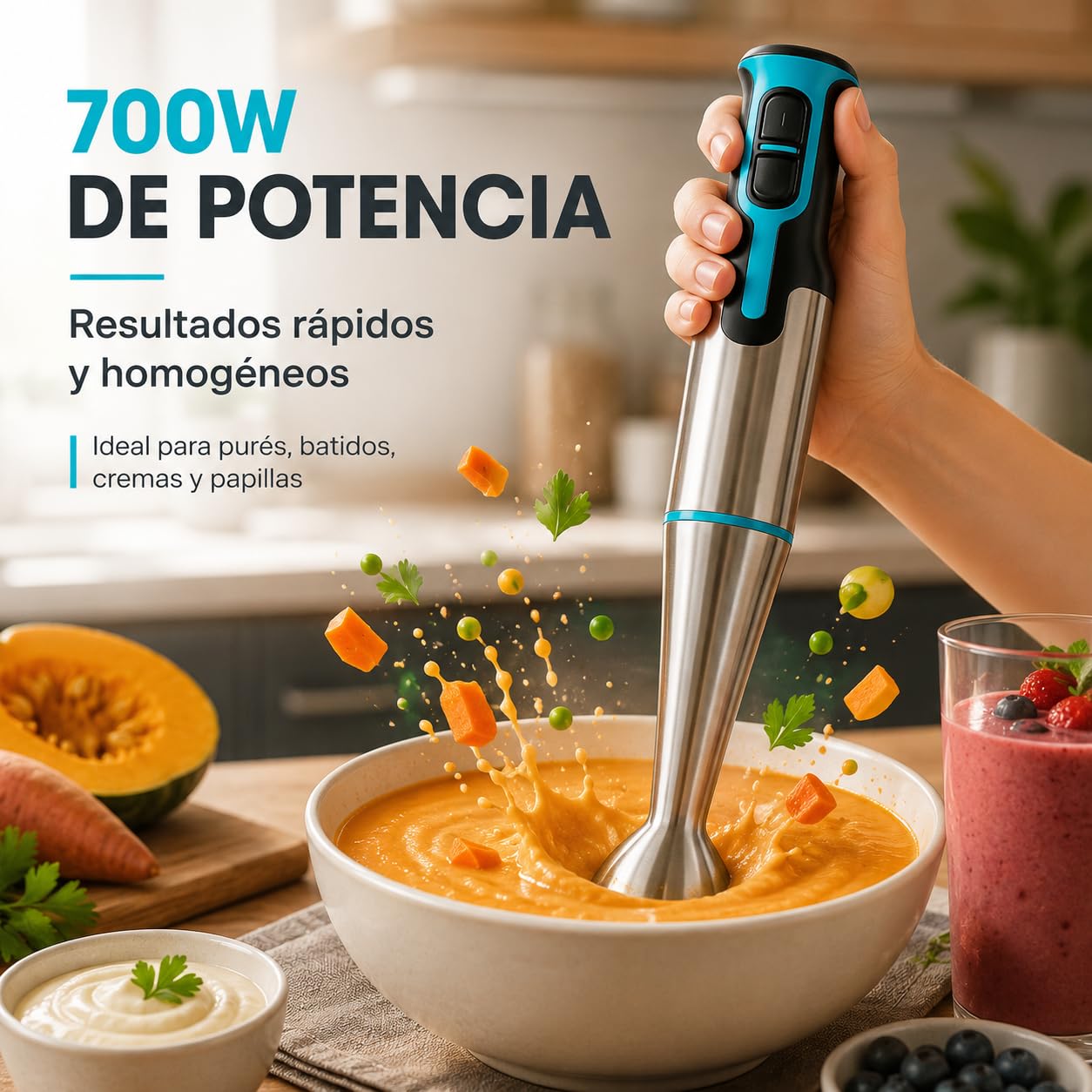 Batidora de mano 700w 2 velocidades, cuchillas acero inoxidable (AZUL) | 2 cuchillas de acero para batidos, cremas, purés y salsas; fácil limpieza