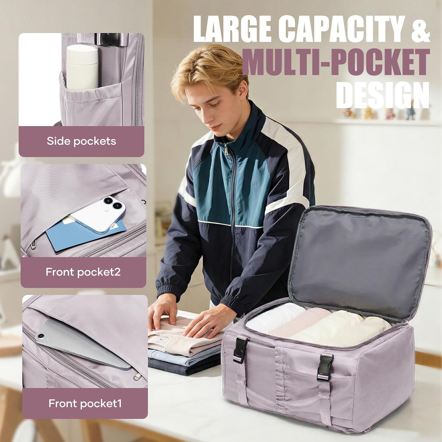 suwasp Travel Backpack for Women Men, 40x30x20CM Airline Approved Personal Item Travel Bag, Carry On Backpack Fits 14 Inch Laptop, 180° Opening Weekender Bag for Flight Underseat, Light Purple