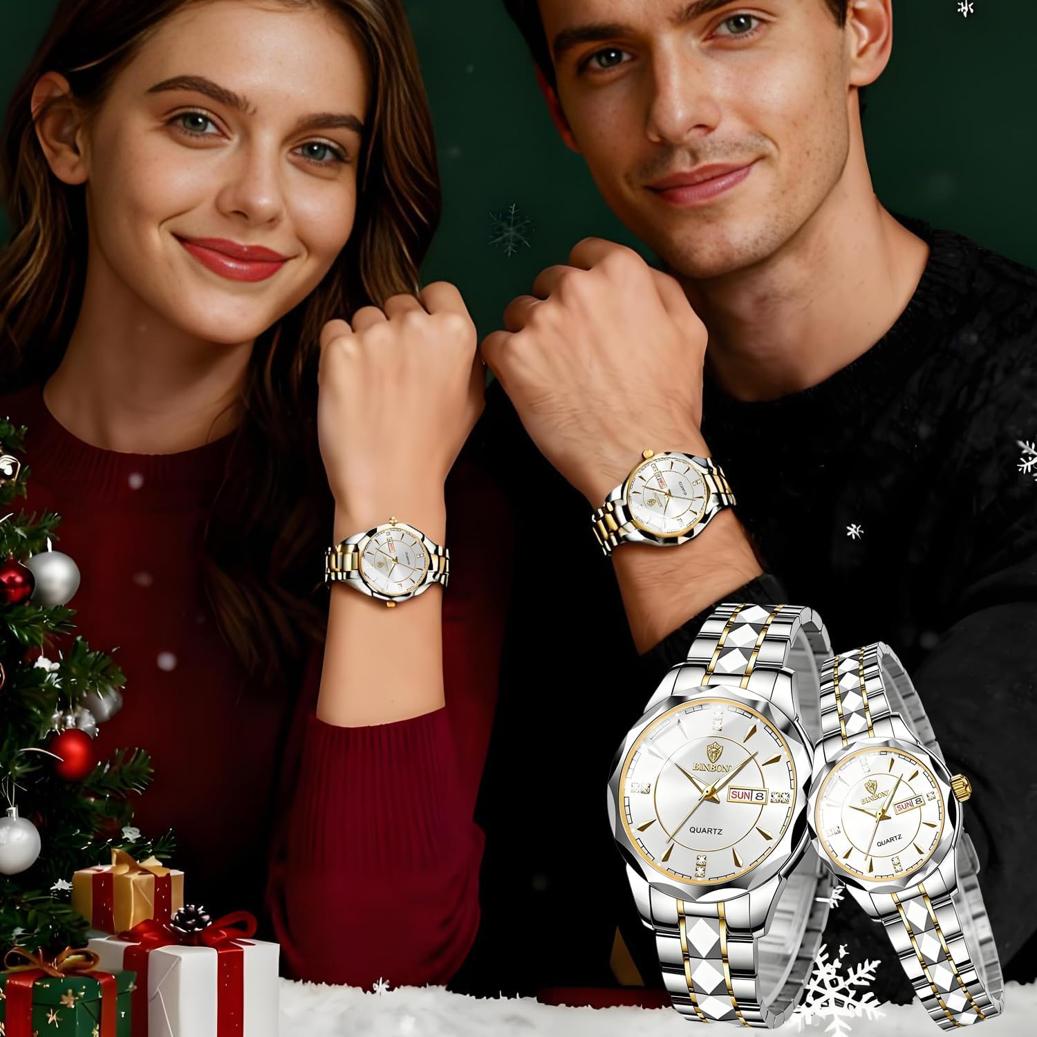 2PCS Valentines Couple Pair Watches Men and Women Luminous Calendar Waterproof Gold Silver Stainless Steel Blue Face his and Hers Watches Set Lovers Set Wedding