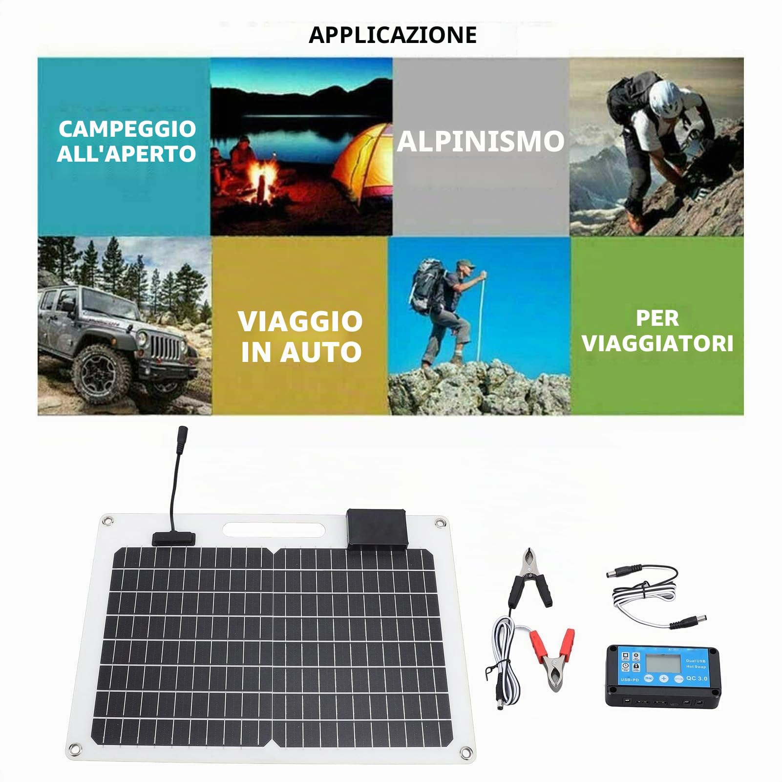 Focket Kit Pannello Solare con Regolatore di Carica Solare Dual USB 100A 12V 24V con Display del Livello di Potenza, Caricabatterie a Pannello Solare per Rimorchio Barca Marina,