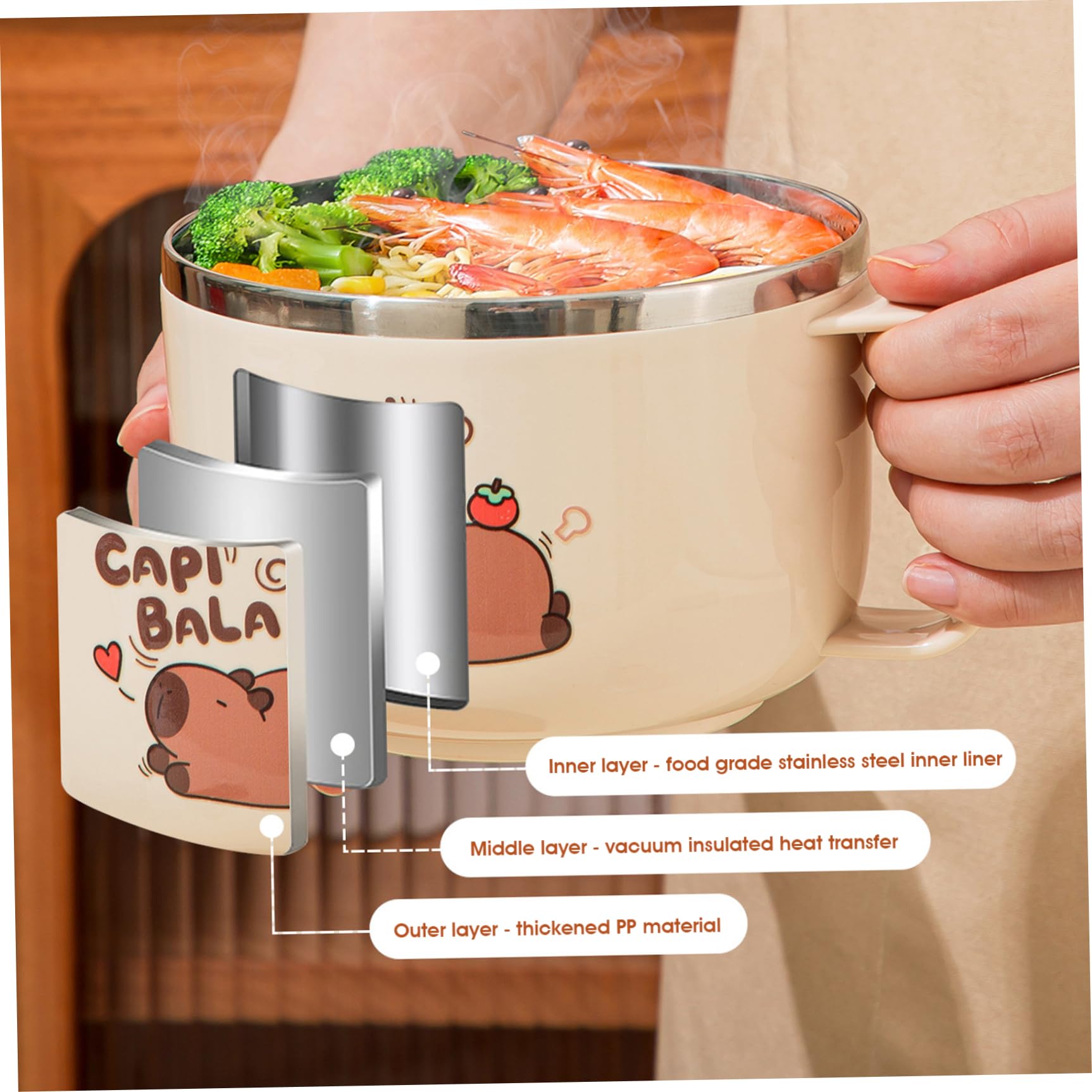 Ramen-Schüssel, mikrowellengeeignet, 800 ml, Capybara-Edelstahl-Suppenschüssel mit Deckel, Tasche und Geschirr, tragbarer Ramen-Kocher für Nudeln, Knödel, Salate, Instant-Nudeln