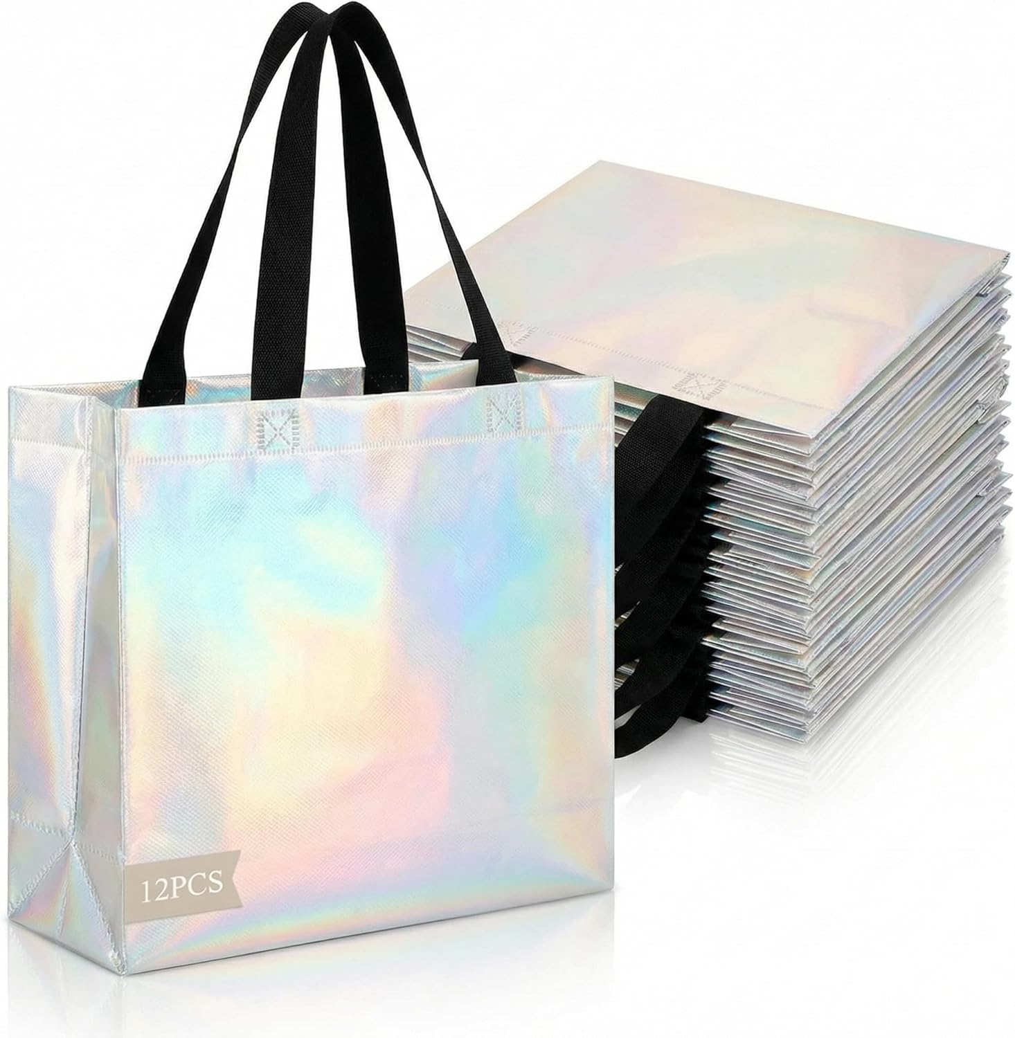 huichuan 12 Pack Iridescent Reusable Gift Bags with Handles Bulk, Holographic Rainbow Tote Bag for Women Kids, Eco-Friendly Non-Woven Party Favor Goodie Bags for Birthday, Valentine, Baby Shower, Wedding Treats