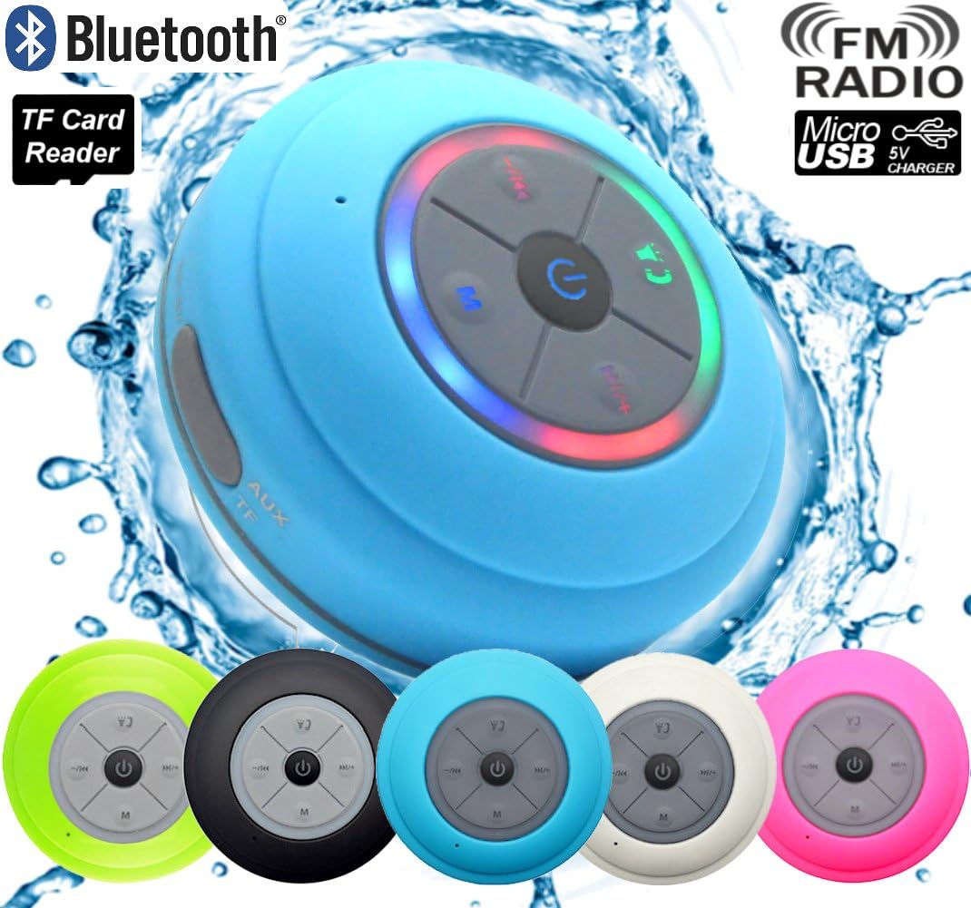 Guppy Water Resistant Bluetooth LED Shower Speaker FM Radio TF Card Reader, 2016 Model Kid-Friendly, Built-in Control Buttons, Speakerphone, Powerful Suction Cup Best for Indoor/Outdoor Use (Blue)