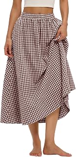 LOMON Women's Cotton Midi A-Line Skirt - Flowy Boho Maxi with Pockets, Elastic Waist for Summer Beach Travel