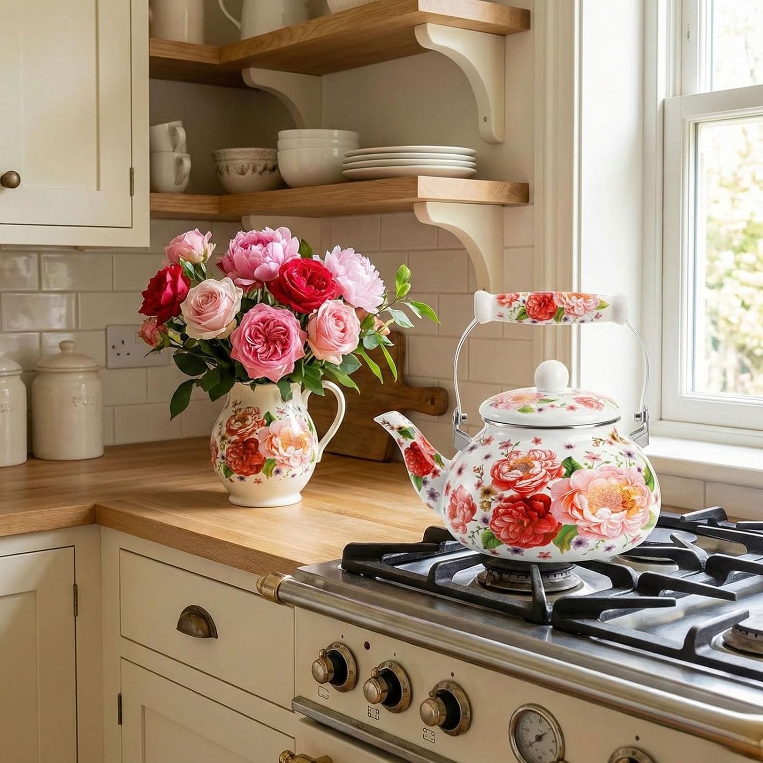 2.6 Quart Floral Enamel Tea Kettle Stovetop - Vintage Enameled Teapot for Stove Top, Cute & Decorative Hot Water Pot with Ceramic Handle, No Whistling, Colorful Farmhouse Kitchen Decor