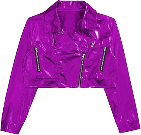 Kids Girls Boys Long Sleeve Jazz Dance Top Disco Costume Metallic Zip up Bomber Jacket Motorcycle Coat Outerwear