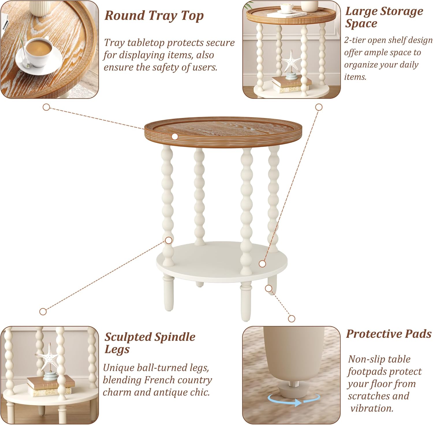 Function Home Round End Table, Farmhouse Side Table with Storage Shelf, 2 Tier Wooden Nightstand, 19.2” Accent Table for Living Room Bedroom Small Space, Natural Tray Top and Vintage White Spindle Leg