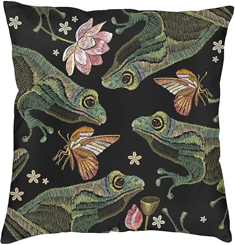 Cozy - Funda de almohada cuadrada decorativa con diseño de ranas vintage, flores de loto y mariposas, para dormitorio, sala de estar, sofá, cama y