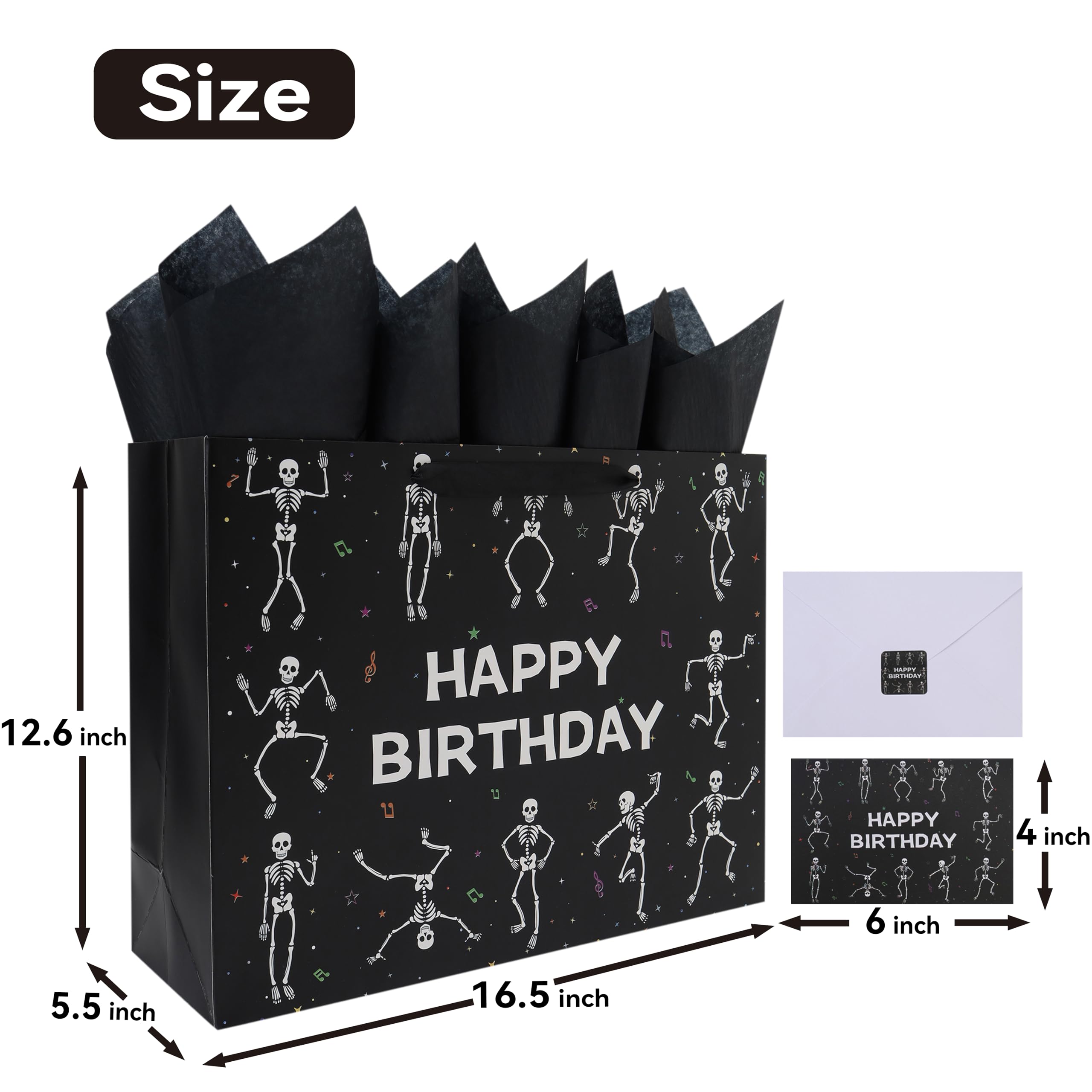 wishinside 16.5'' Extra Large Black Birthday Gift Bag Set with Handles, Greeting Card, Tissue Papers and Stickers for Men Boys Kids Teens for Birthday Party, 1 Pcs