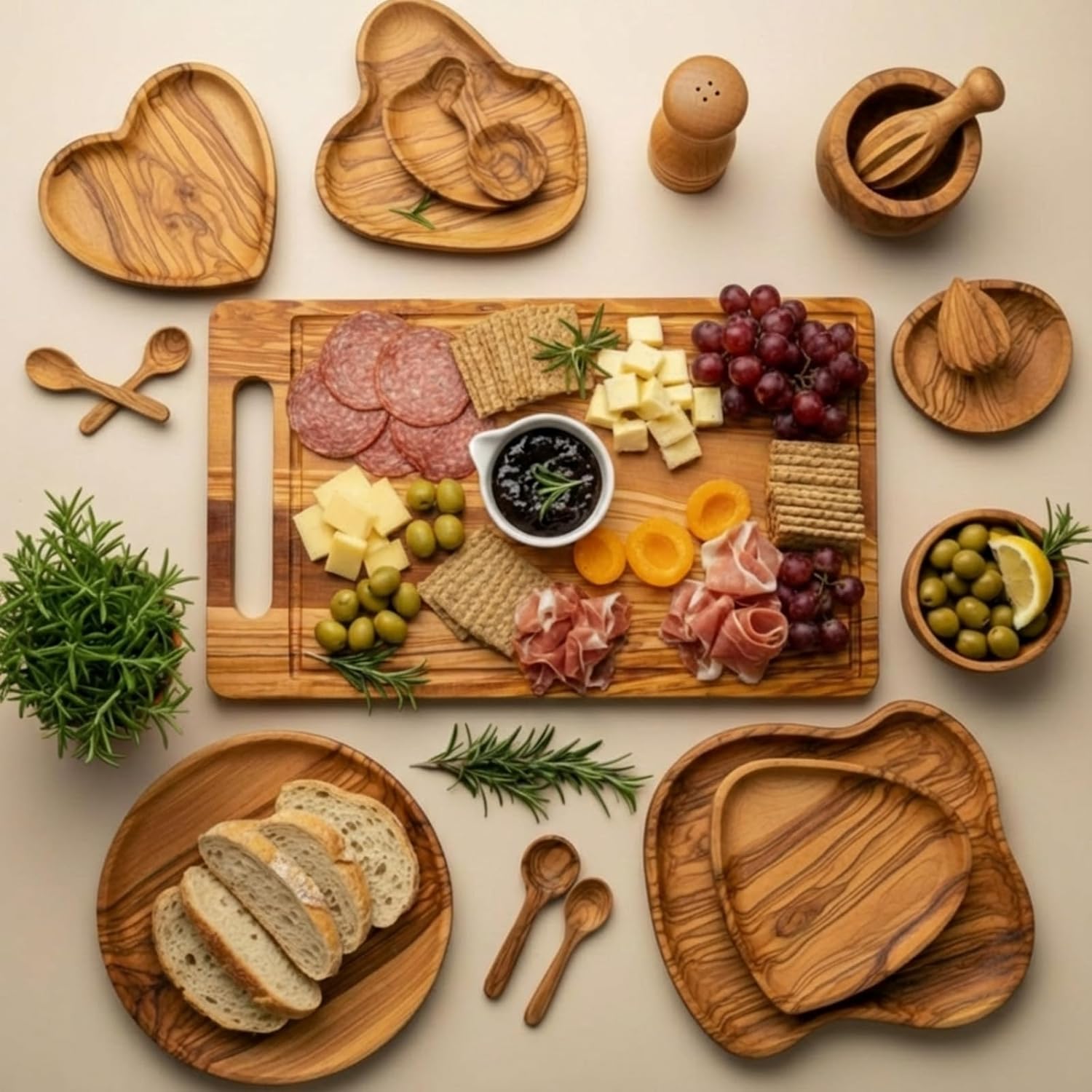 Large Olive Wood Charcuterie Board & Cheese Knife Fork Set Housewarming Wedding Gifts for Couples 15.8" x 10" Handcrafted Charcuterie Board with Cheese Knife Fork for Kitchen Bridal Shower