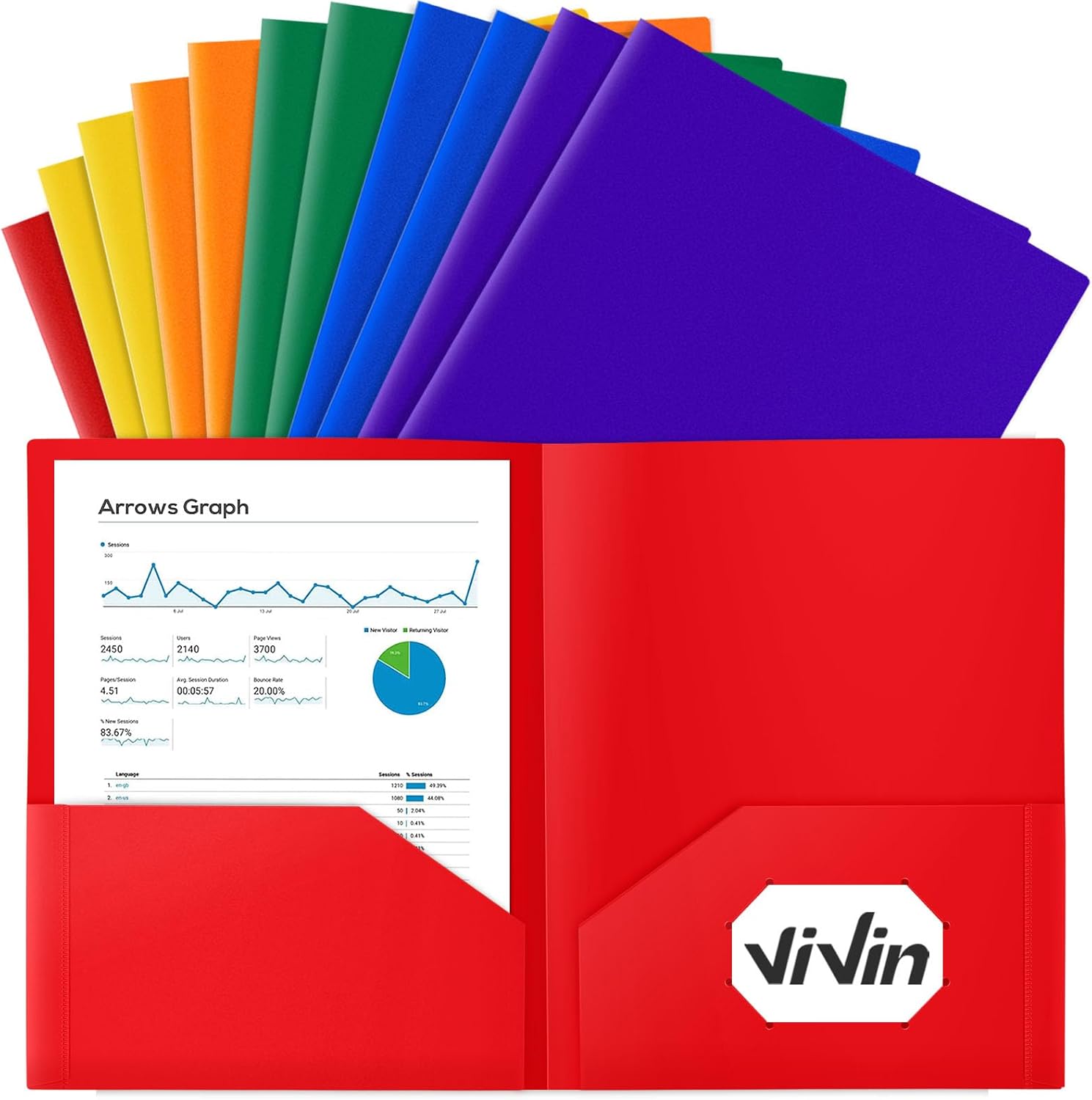 ViVin 60-Pack Black Plastic Folders with Pockets, 8.5 x 11 Inch Letter Size, Modern Style, 2 Pocket Folders for School, Home, Office