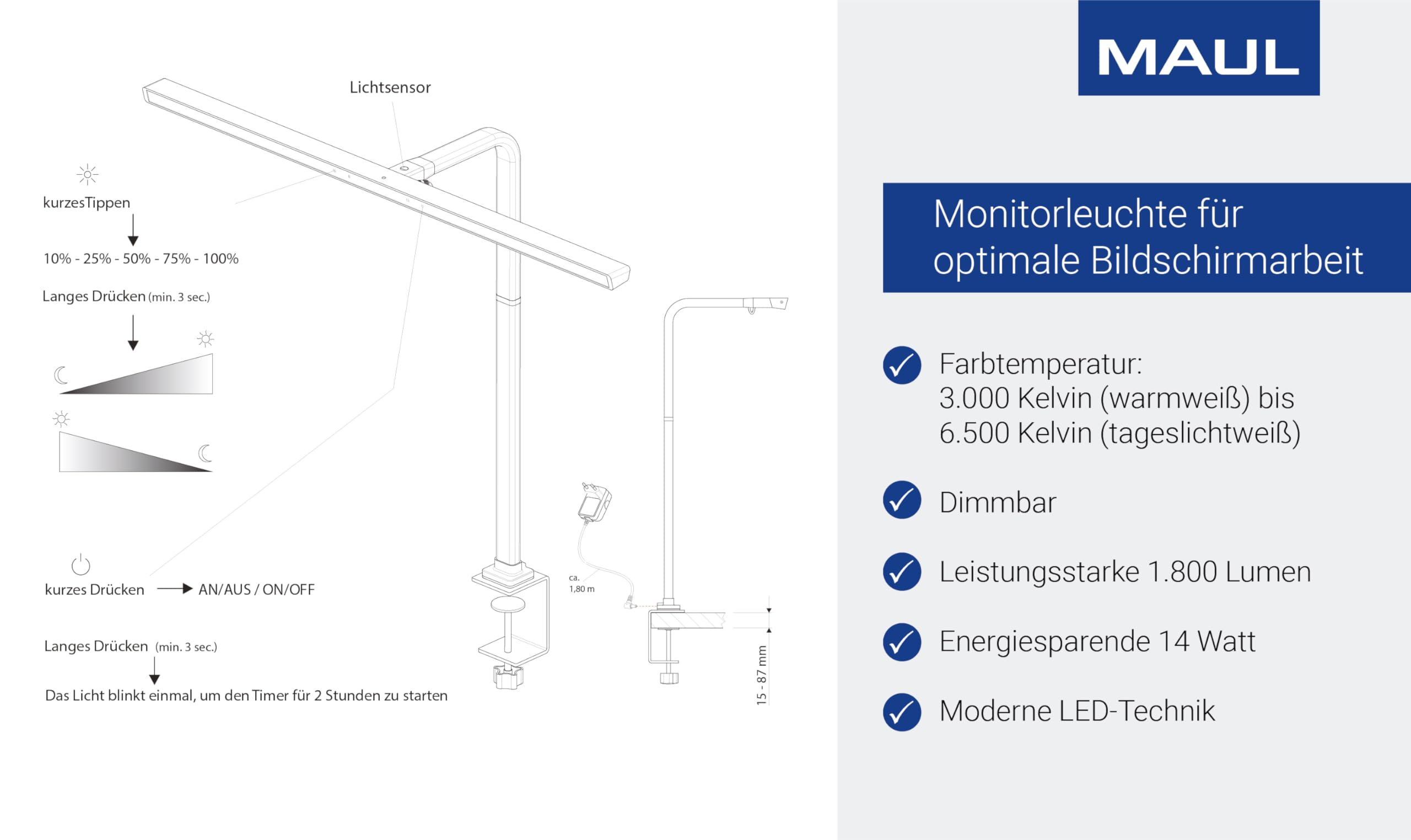 MAUL Monitorlampe LED MAULgate schwarz dimmbar mit Klemmfuß | angenehmes Arbeiten am Bildschirm, Touchfeld für schnelle Anpassung, flexible Ausrichtung, sicherer Halt an der Tischkante