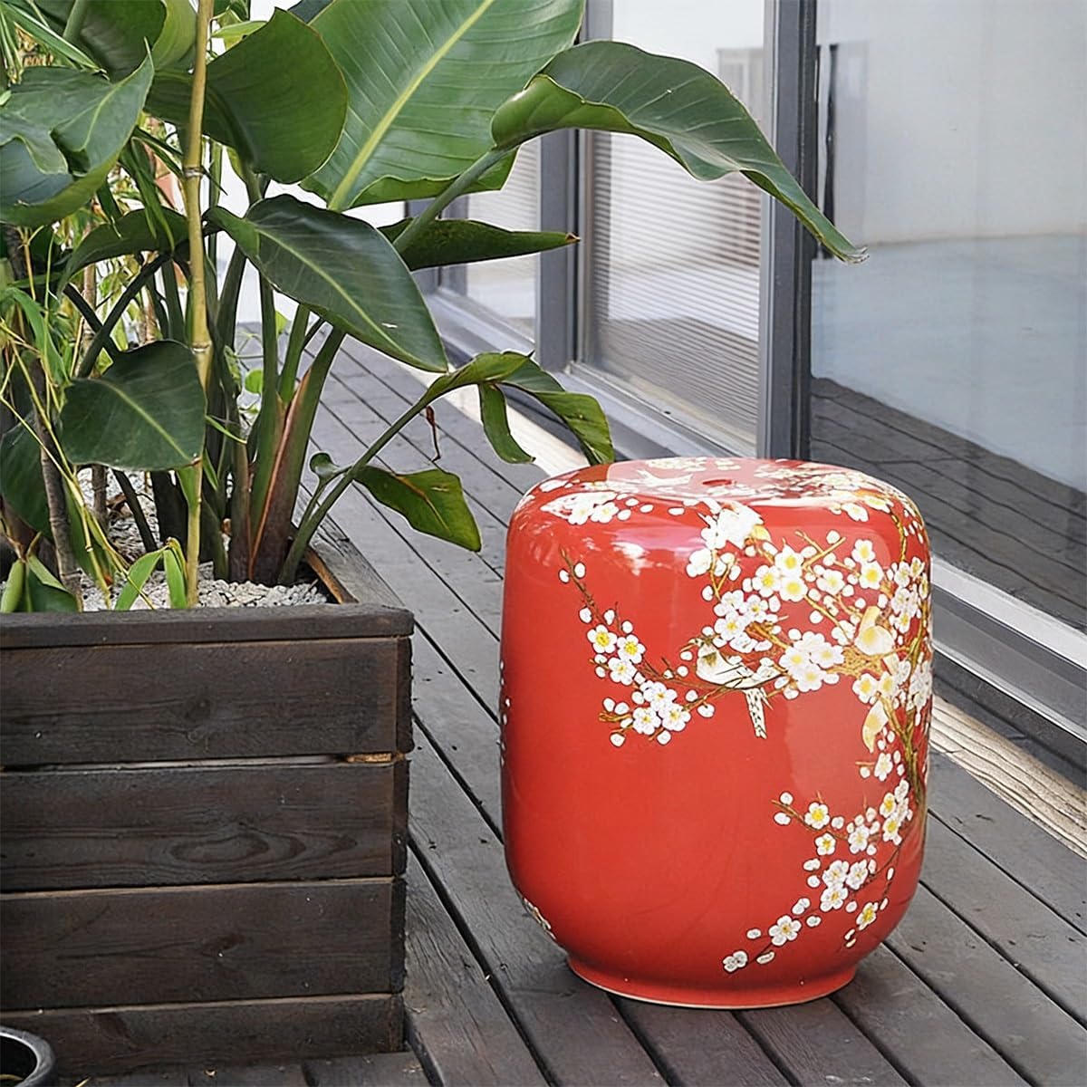 Hand Painted Garden Stools, Ceramic Garden Stool with Magpie Plum-Blossom, Decorative Chinoiserie Ceramic Drum Indoor Outdoor Garden Stool(Jade)
