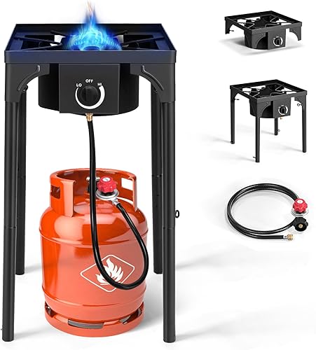 Miniatura 9 de Karl home Estufa de gas propano de 3 quemadores para cocinar al aire libre, cocina de campamento de 225,000 BTU con patas extraíbles y regulador PSI