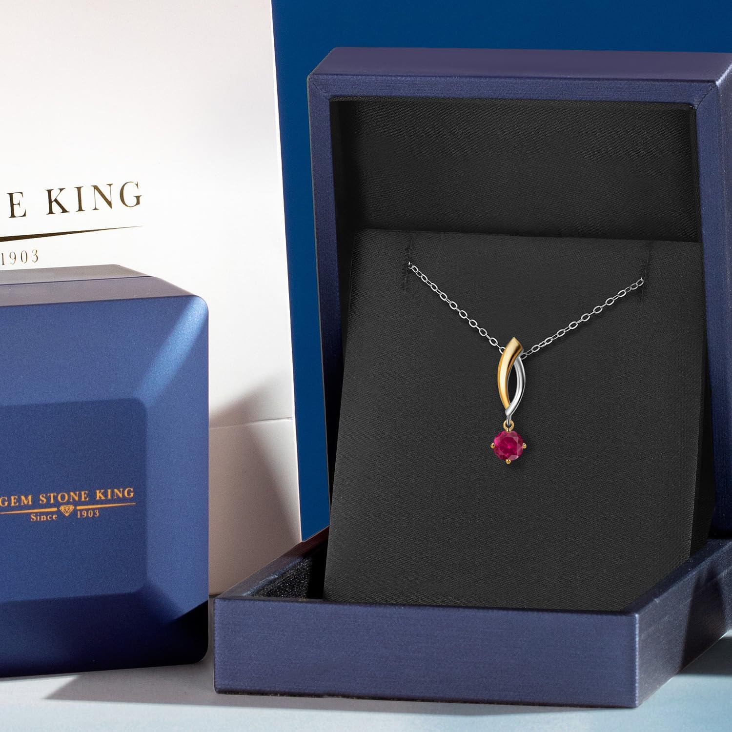 Gem Stone King 925 Silver and 10K Yellow Gold Red Created Ruby Pendant Necklace for Women | 0.60 Cttw | Gemstone July Birthstone | Round 5MM | With 18 Inch Silver Chain - Image 5