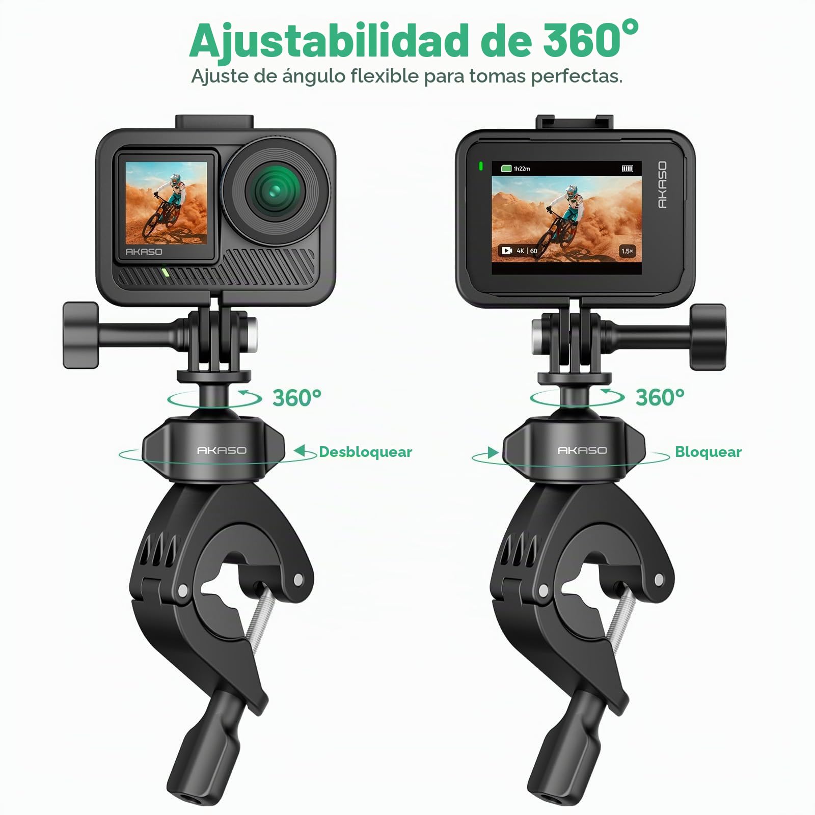 AKASO Soporte para Manillar de Motocicleta y Manillar de Bicicleta | Rotación de 360°, Compatible con Cámara deportiva AKASO EK7000/EK7000 Pro/Brave 4/4 Pro/Brave 7/7 LE/V50 X/V50 Elite