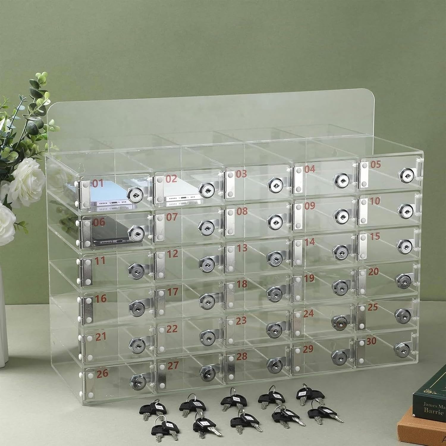 Cell Phone Lock Box with Door Locks and Keys, Wall-Mounted Pocket Locker, Acrylic Cell Phone Locker Cabinet, Cell Phones Storage Cabinet for Office School,30slots