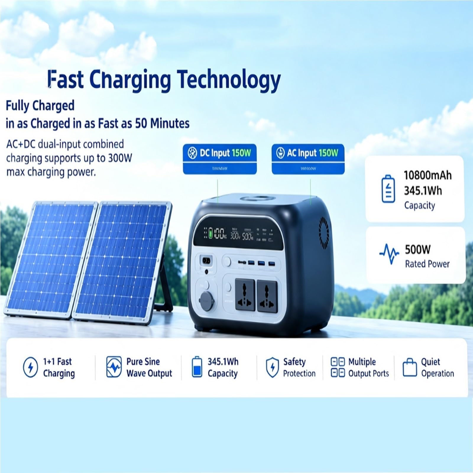 Stazione di alimentazione portatile compatta500W,Generatore solare 345.1Wh | Con MPPT & ricarica wireless, porte multiple per campeggio e alimentazione di emergenza(220V EU Plug)