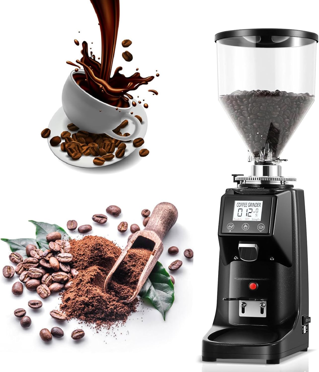 200w Commercial Coffee Grinder, Electric Flat Burr Coffee Bean Grinder with 19 Precise Settings Press, Espresso Machine with Large 1.5L Hopper,Black