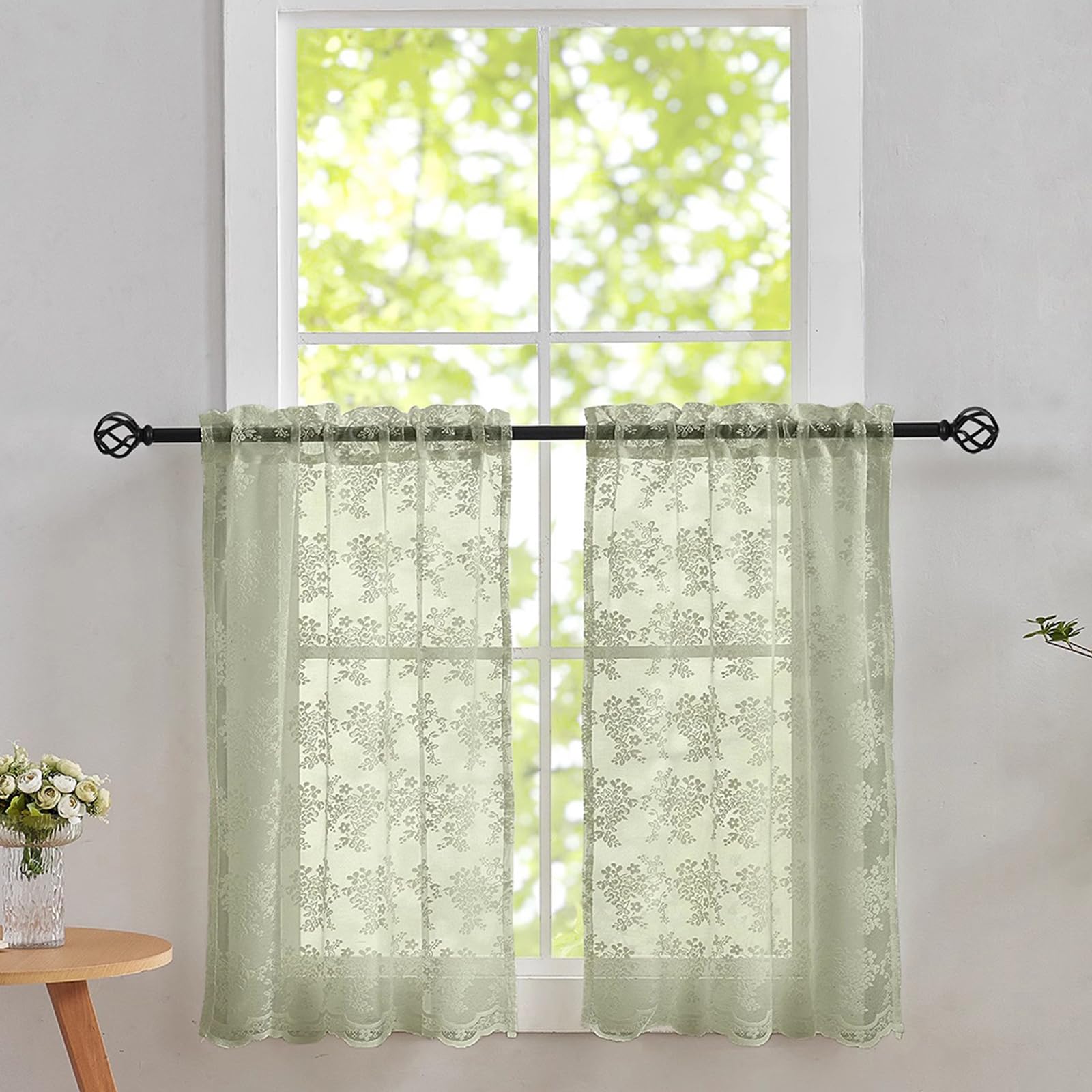 Sage Green Kitchen Window Curtains Over Sink 30 Inch Length Set of 2 Boho Floral Curtains for Bathroom Camper Window Privacy Curtains That Let Light in Spring Short Sheer Cafe Curtains Blinds
