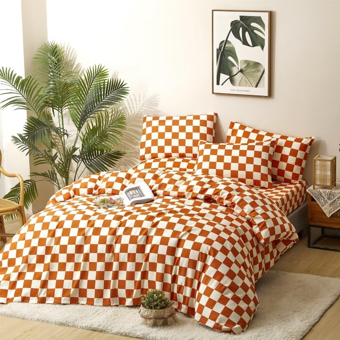 Orange Checkered Comforter Set California King Rust Caramel Checkerboard Bedding Comforter Cal King Orange and White Plaid Bedding Set Retro Grid Terracotta Quilt Burnt Orange Checker Bed
