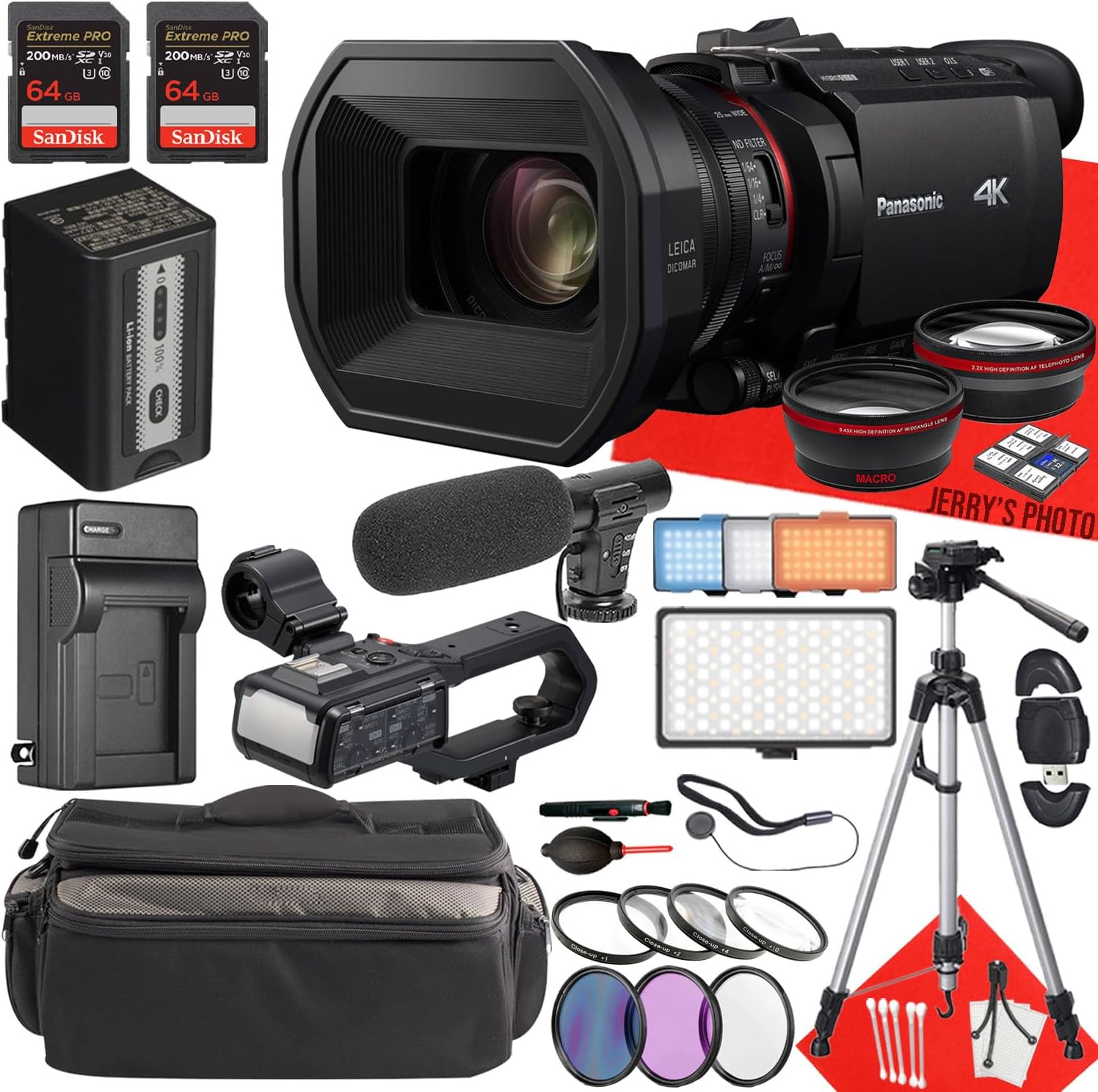 Panasonic HC-X2100 UHD 4K 3G-SDI/HDMI Pro Camcorder + 2PC 64 GB Memory + Handle Unit + Extra Charger + Filters + Shotgun Video Microphone + More (29pc Bundle)