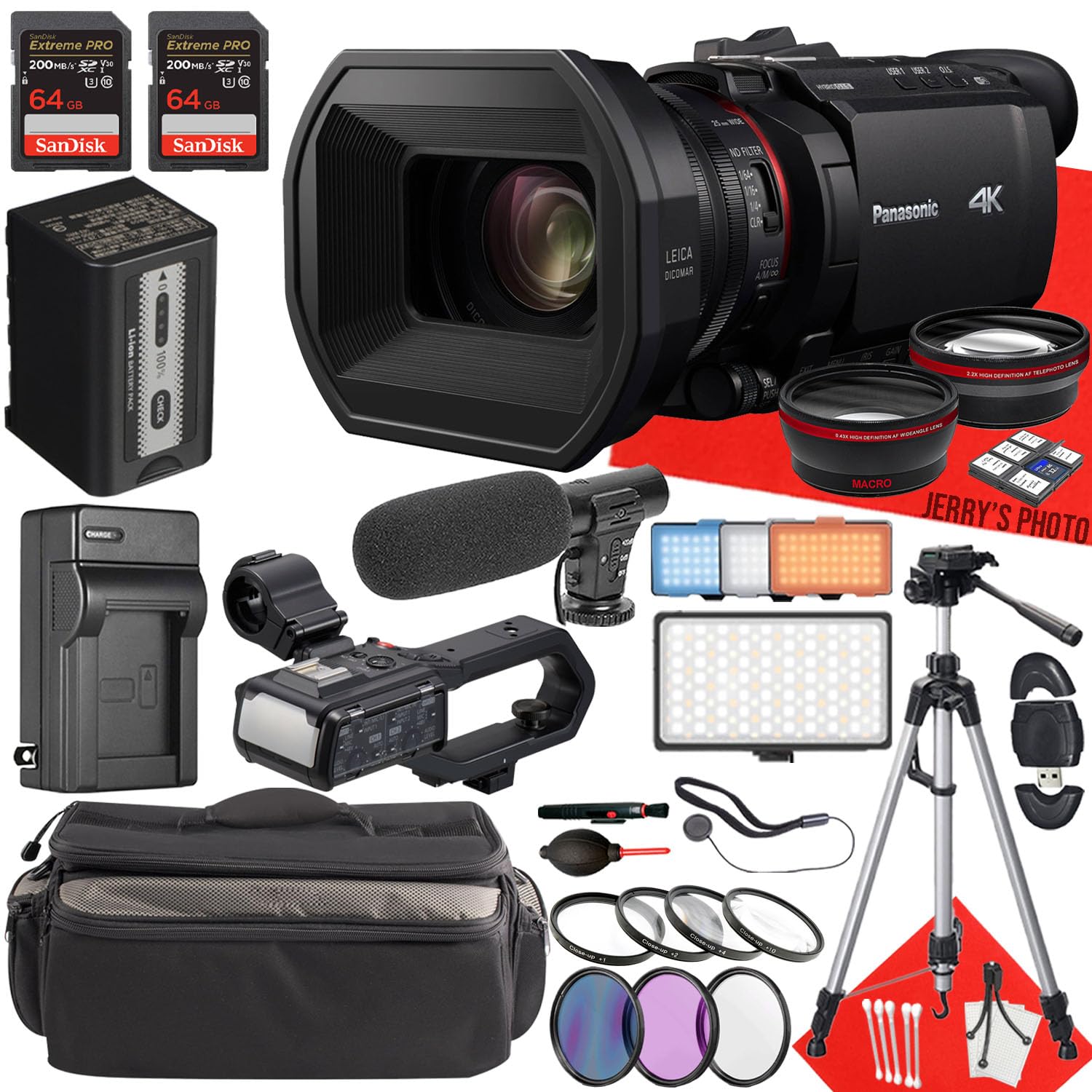 Panasonic HC-X2100 UHD 4K 3G-SDI/HDMI Pro Camcorder + 2PC 64 GB Memory + Handle Unit + Extra Charger + Filters + Shotgun Video Microphone + More (29pc Bundle)