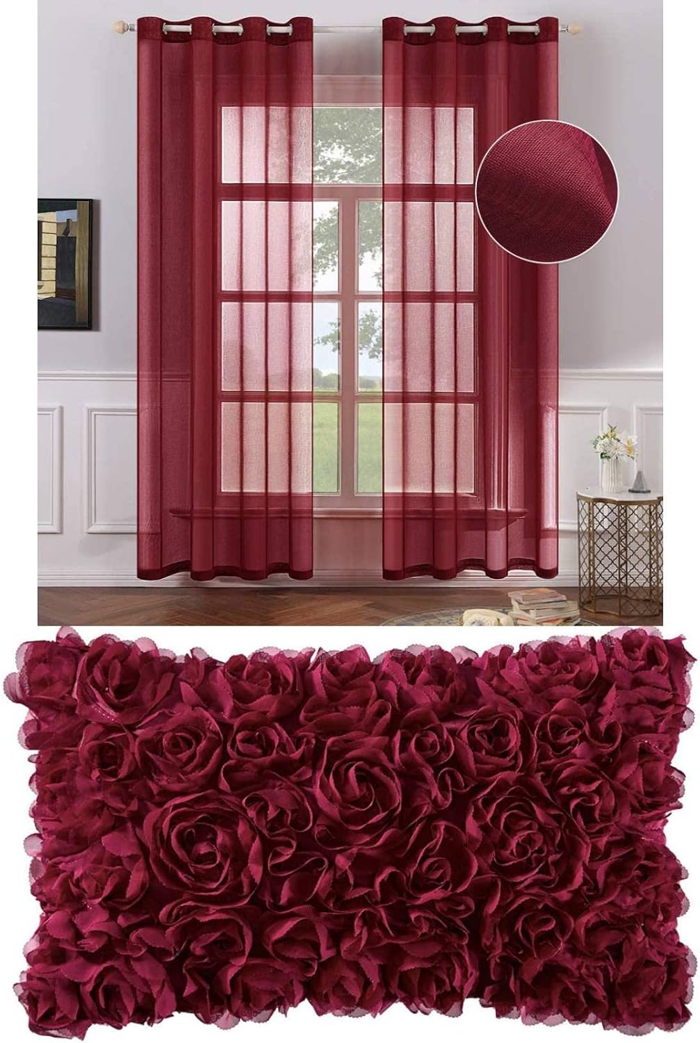 MIULEE 3D Christmas Decorative Romantic Stereo Chiffon Rose Flower Throw Pillow Cover Pillowcase for Decor Sofa 12x20 Inch Wine Red Bundle Linen Semi Sheer Window Curtains Grommet Drapes(54X84 inch)