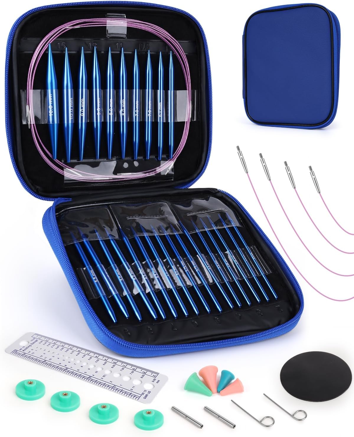 Aeelike Interchangeable Knitting Needles Set,13 Pairs Circular Knitting Needles Aluminum (Size 3.0mm-10.0mm) with 4 Cables Accessories Needle Storage Casefor Socks Blankets Cushions, Ideal Gift