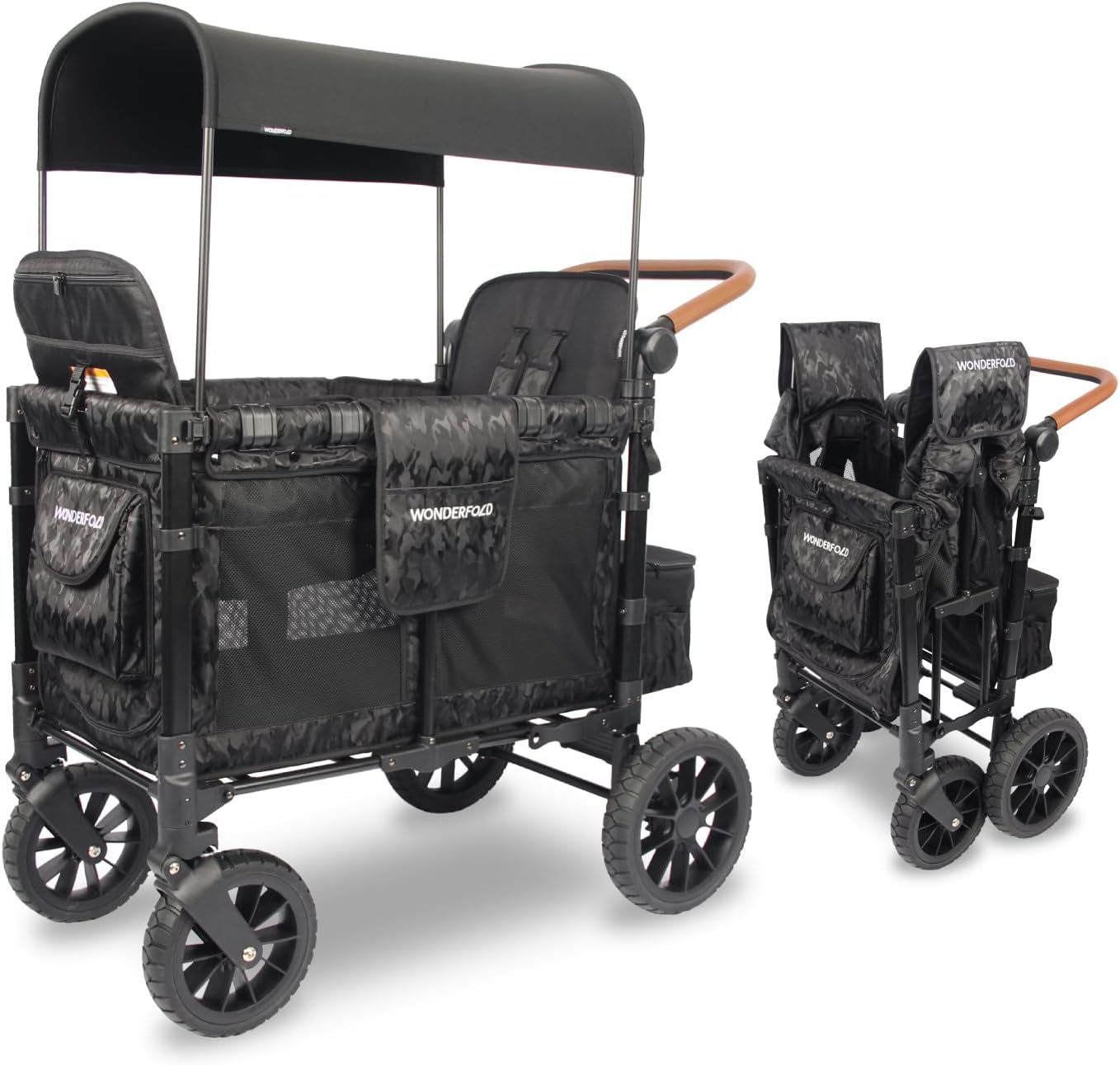 WONDERFOLD W2 Luxe Stroller Wagon (2 Seater) - Collapsible Wagon Stroller with Seats with Magnetic Buckle 5-Point Harnesses and Adjustable Sun Canopy, Elite Black Camo