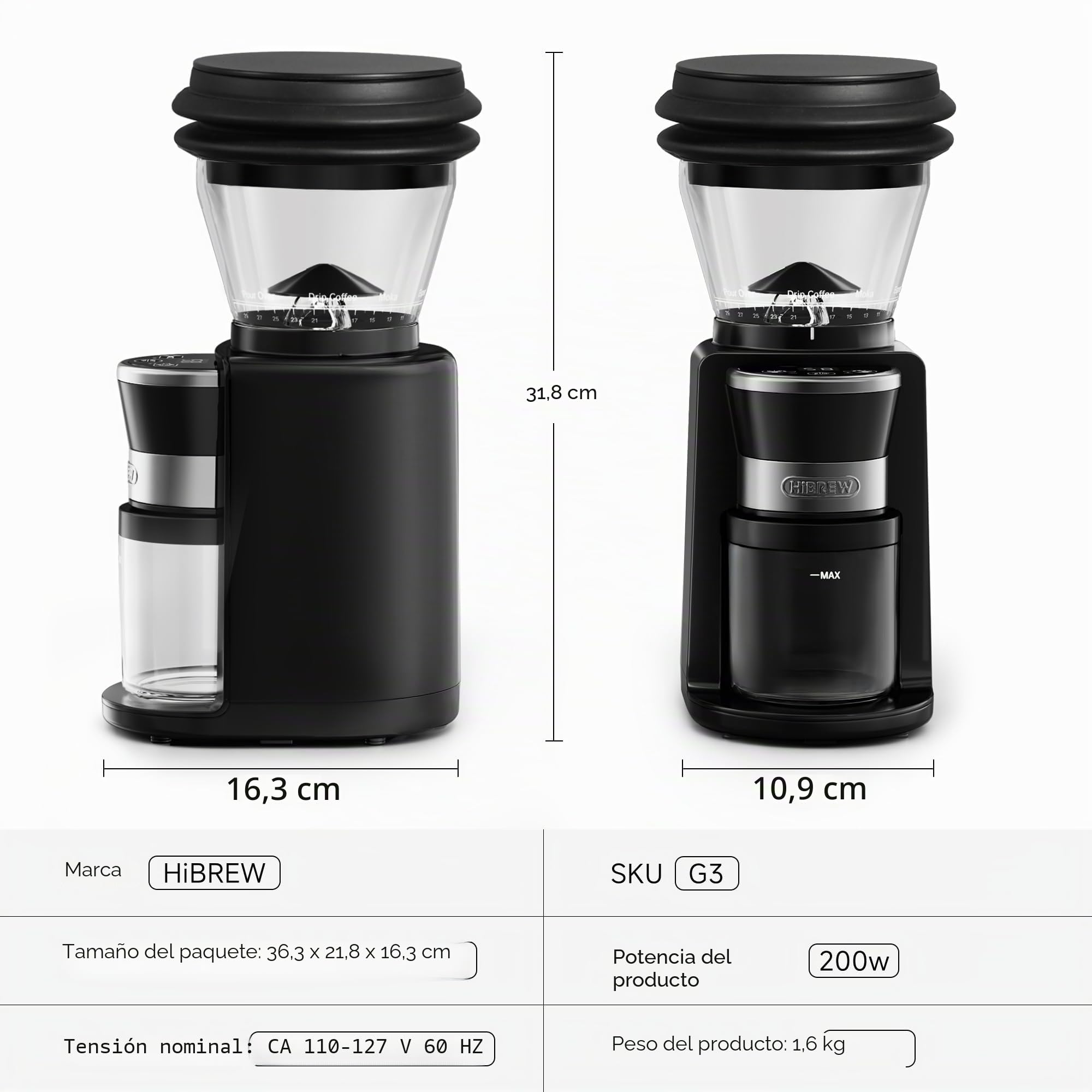 HIBREW G3 - Molinillo de café, 31 niveles de precisión, molinillo de café eléctrico para hervidor turco/espresso/mocha/goteo/French Press