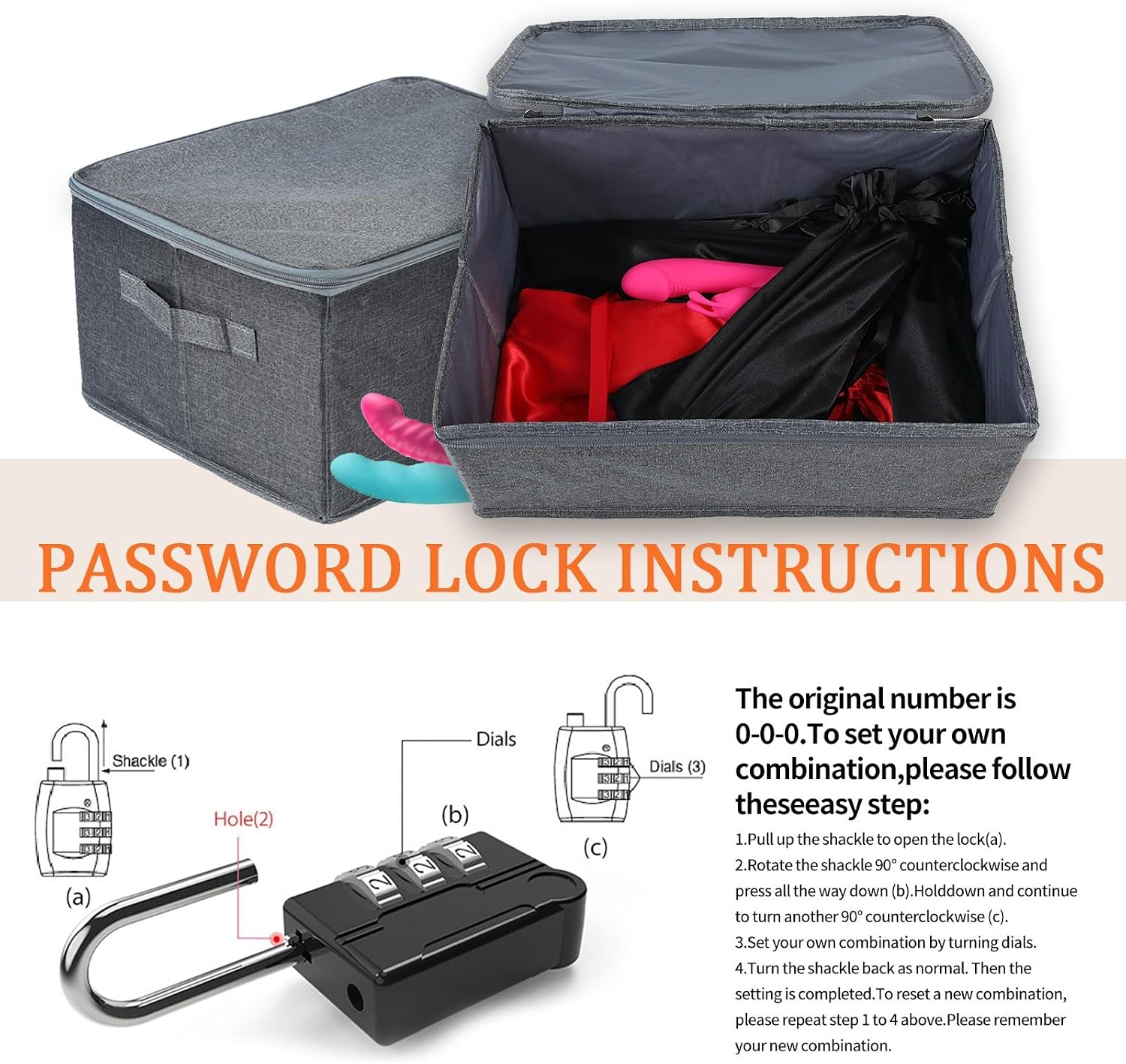 Lockable Sex Toy Storage Box – Discreet Adult Toy Case with Combination Lock Foldable & Washable Storage Bag for Secure & Private Organization(15 x 10 x 6.3)