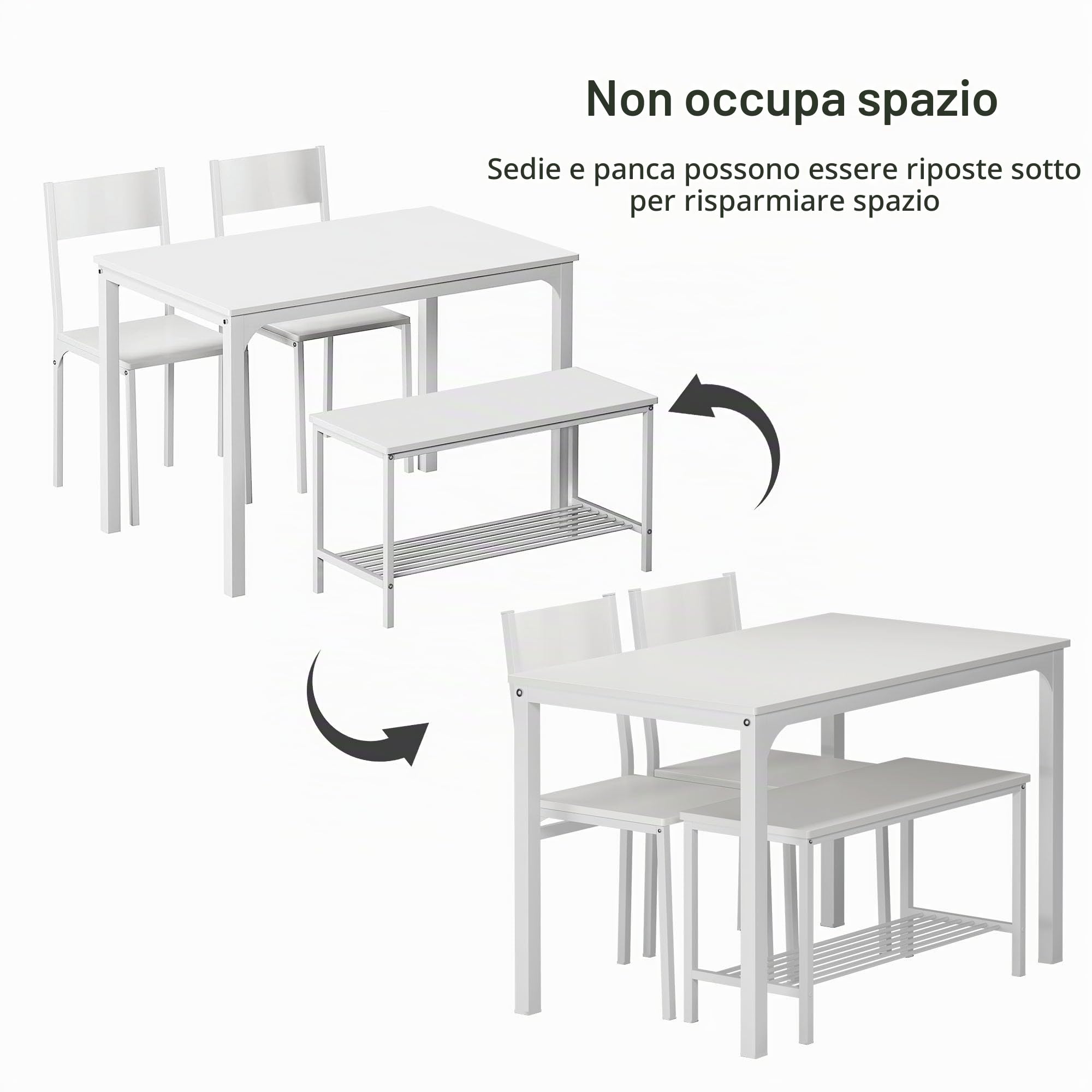 SogesPower Set Tavolo e Sedie da Pranzo, 4 Pezzi, con 1 Tavolo da Pranzo, 2 Sedie e 1 Panca, Set da Pranzo per 4 persone per Cucina, Sala da Pranzo, Bianco