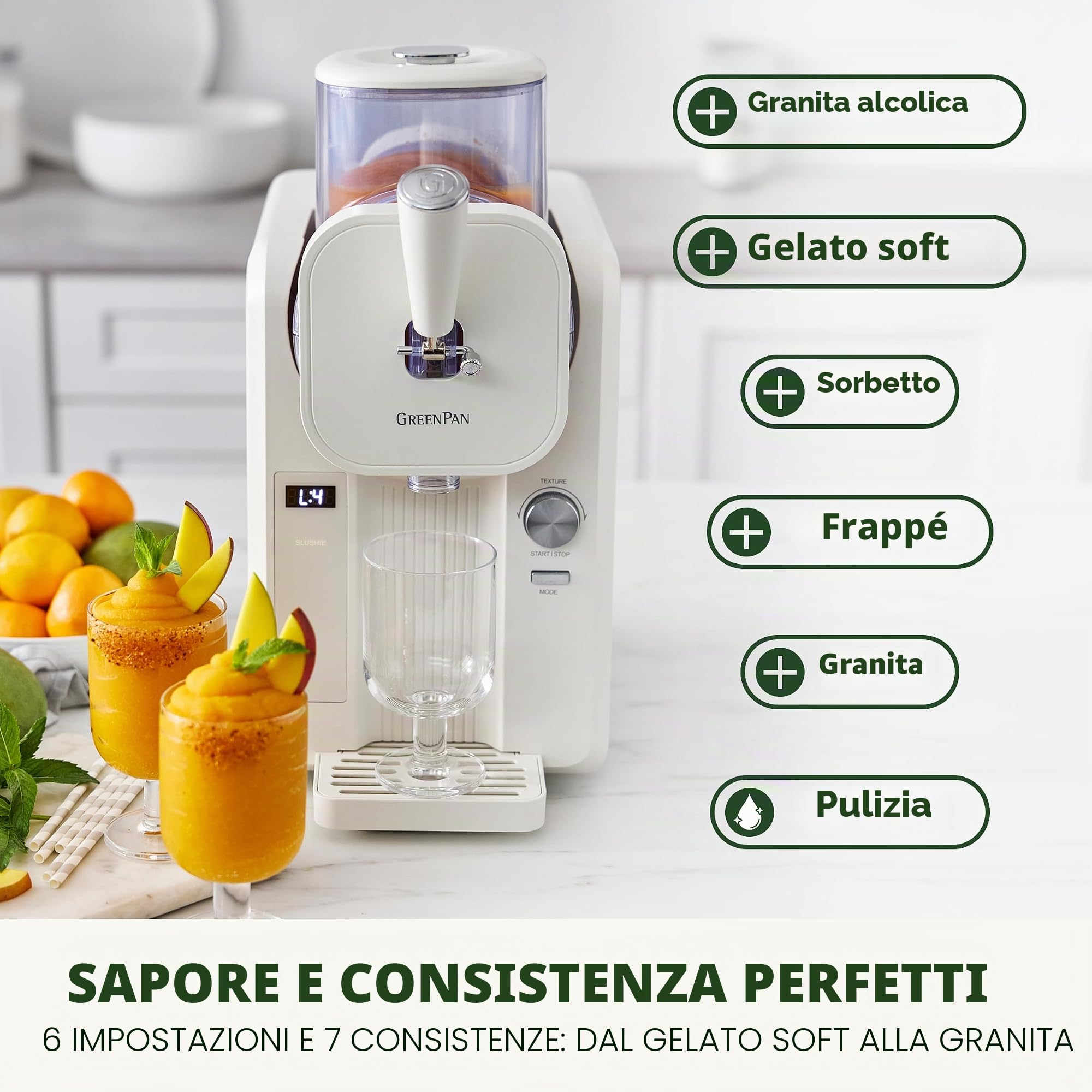 GreenPan Frost Gelatiera e Macchina per Slush 15-in-1, Ceramica Antiaderente Senza PFAS, Gelato, Sorbetto e Frozen Yogurt, Pronta in 15 Minuti, Senza Precongelamento, Bianco