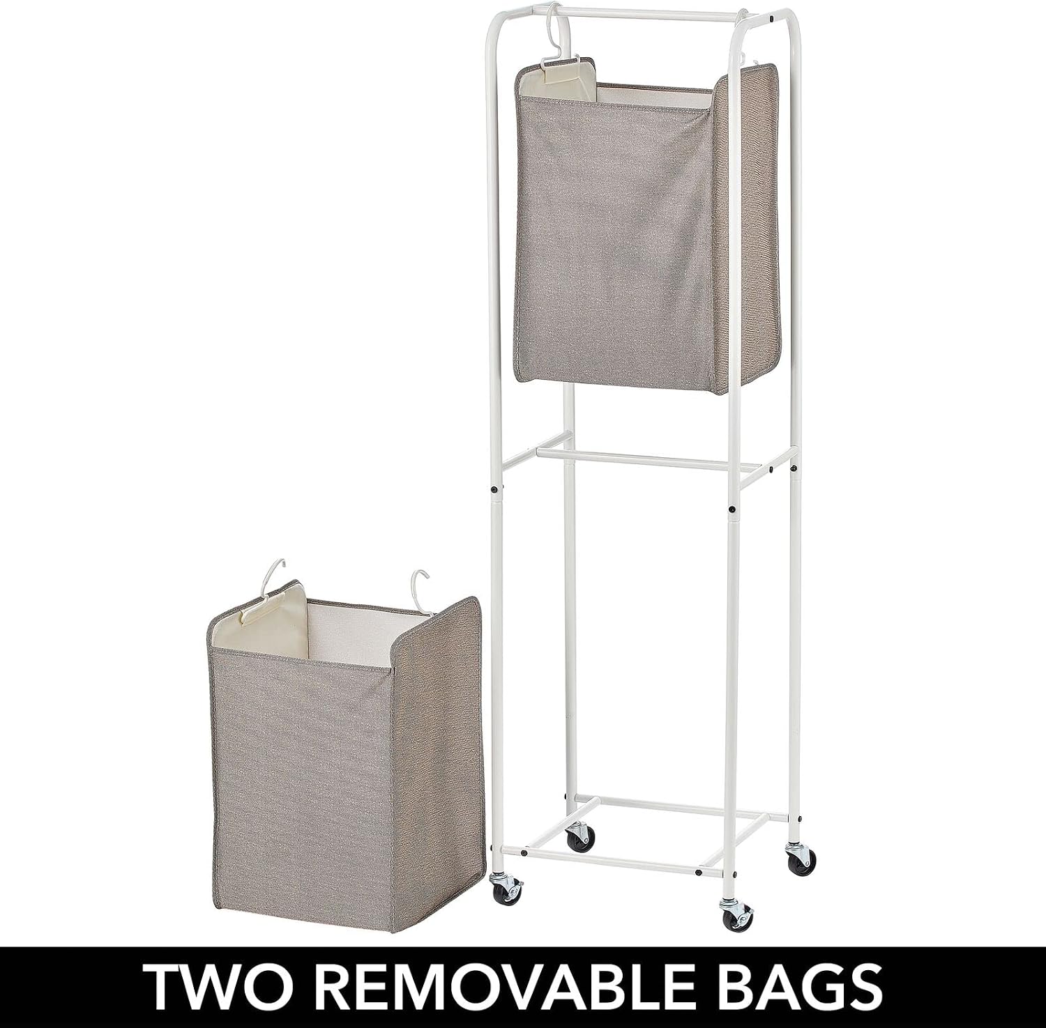 mDesign Vertical Stacked Laundry Hamper Basket with Wheels, Portable, 2 Removable Bags for Organizing Clothes, Laundry, Lights, Darks - Strong Metal Frame - Taupe/White